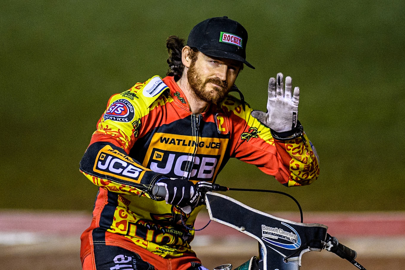 Leicester Lions' Richard Lawson  on the parade lap during the Rowe Motor Oil Premiership Grand Final 1st Leg between Belle Vue Aces and Leicester Lions at the National Speedway Stadium, Manchester on Monday 23rd September 2024. (Photo: Ian Charles | MI News)