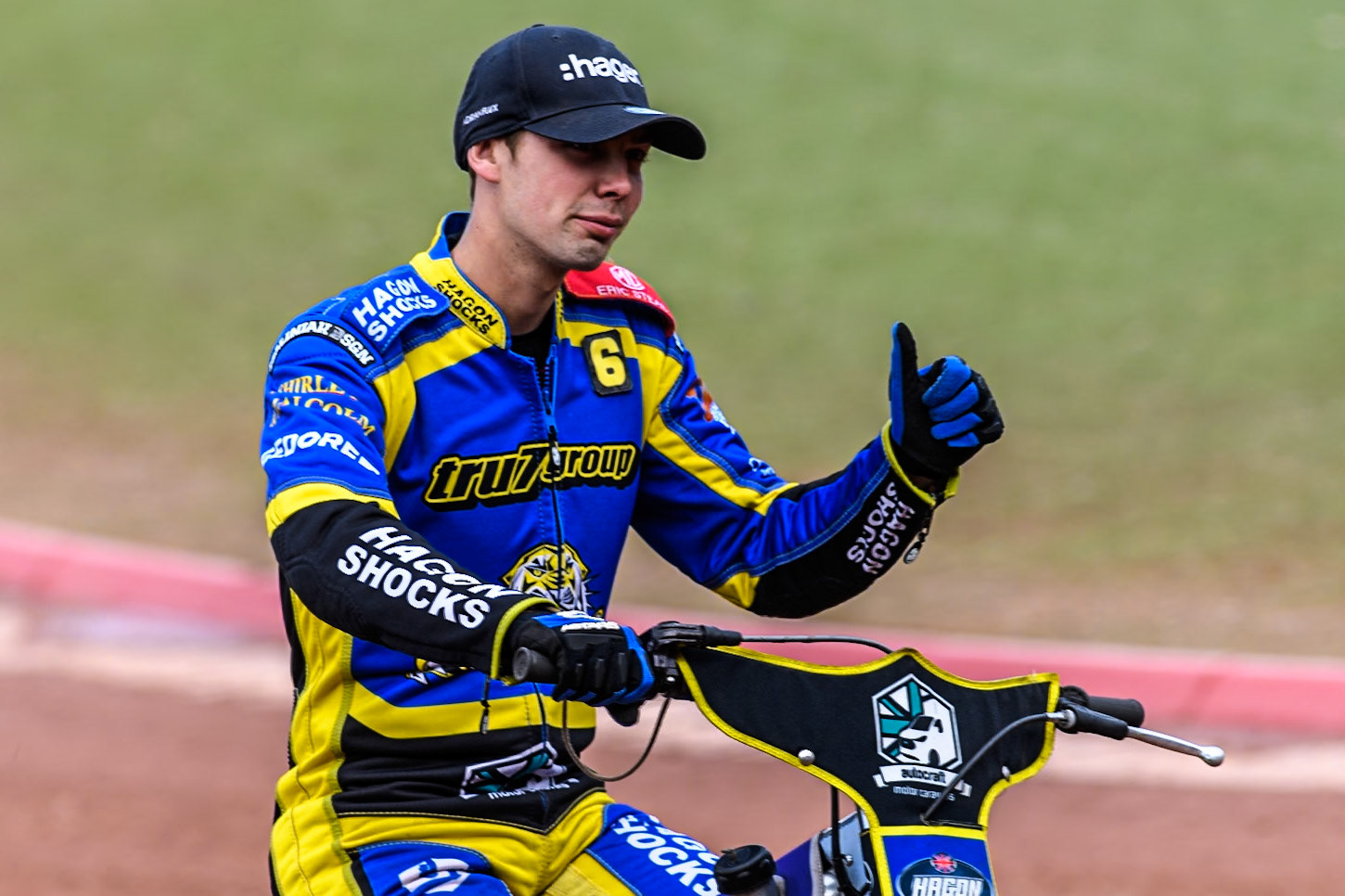 Sheffield Tigers' Jason Edwards on the parade lap during the Rowe Motor Oil Premiership match between Belle Vue Aces and Sheffield Tigers at the National Speedway Stadium, Manchester on Monday 26th August 2024. (Photo: Ian Charles | MI News)