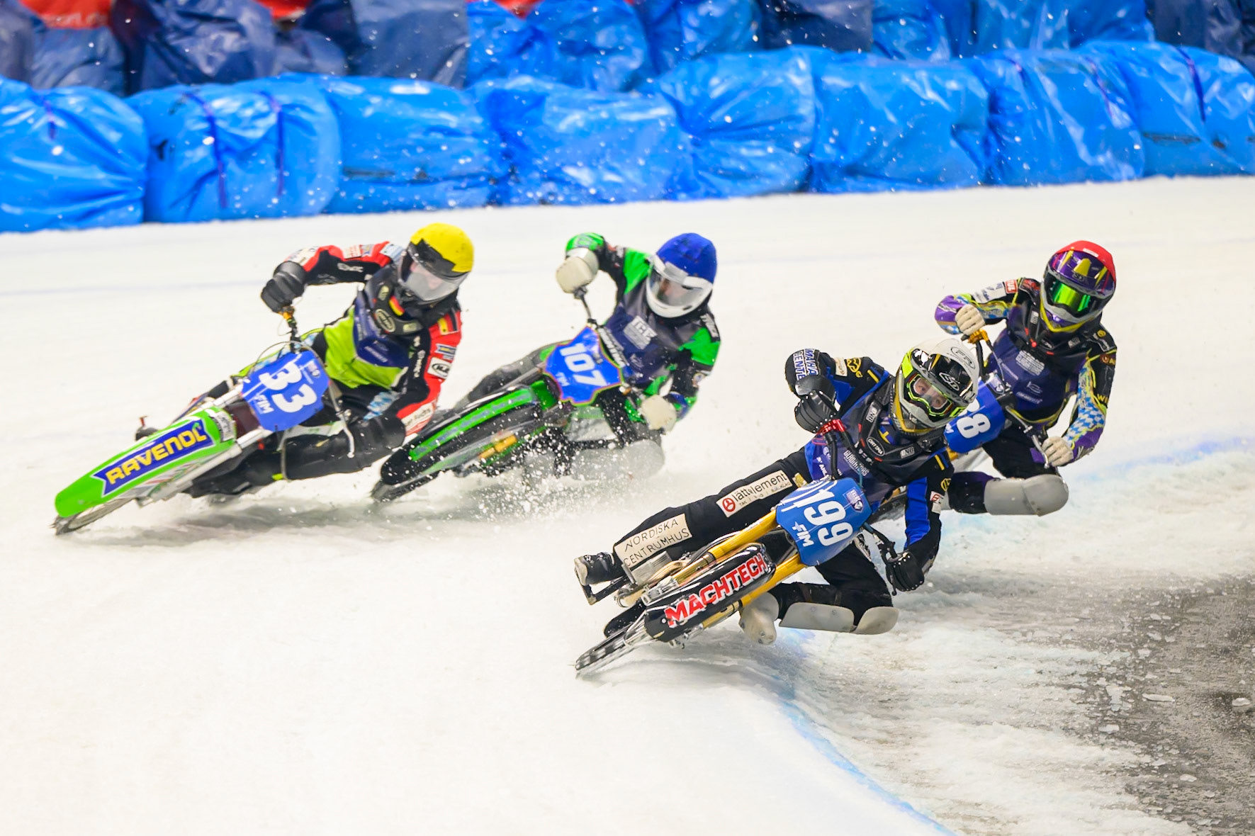 Martin Haarahiltunen (199) of Sweden  in White leading Johann Weber (33) of Germany  in Yellow, Andrej Divis (107) of Czechia  in Blue and Max Niedermaier (88) of Germany  in Red during the Ice Speedway Gladiators World Championship Final 1 at Max-Aicher-Arena, Inzell on Saturday 14th March 2026. (Photo: Ian Charles | MI News)