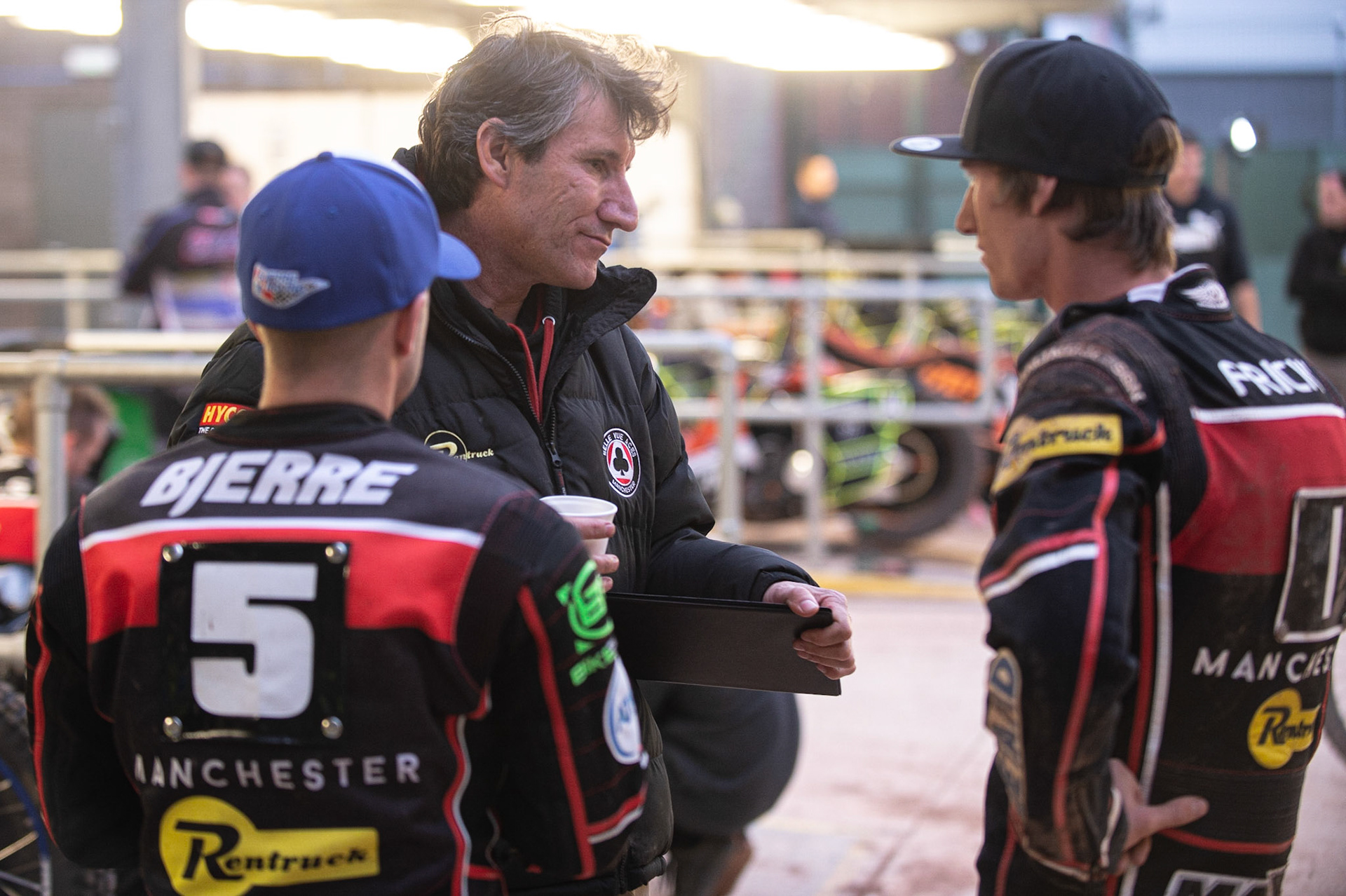 Photo: Ian Charles

Mark Lemon (centre) with Kenneth Bjerre  (left) and Max Fricke 

Belle Vue Aces v Ipswich Witches, British Speedway Premiership, Belle Vue National Speedway Stadium, Manchester, Monday 3  June  2019