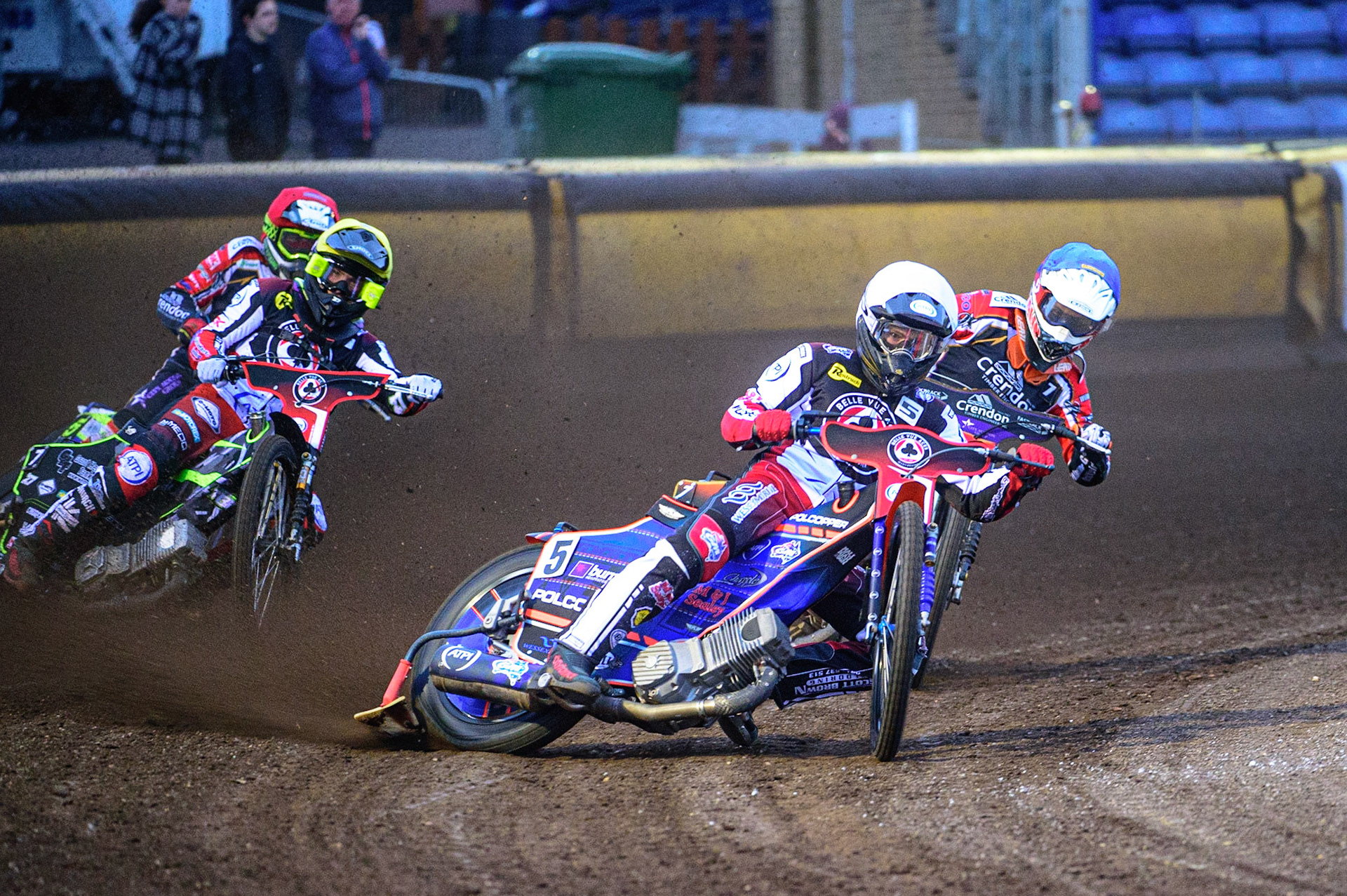 PETERBOROUGH, UK. MAY 9TH  Brady Kurtz  (White) leads Jordan Palin (Blue) Tom Brennan  (Yellow) and Chris Harris  (Red) during the SGB Premiership match between Peterborough Panthers and Belle Vue Aces at East of England Showground, Peterborough on Monday 9th May 2022. (Credit: Ian Charles | MI News)