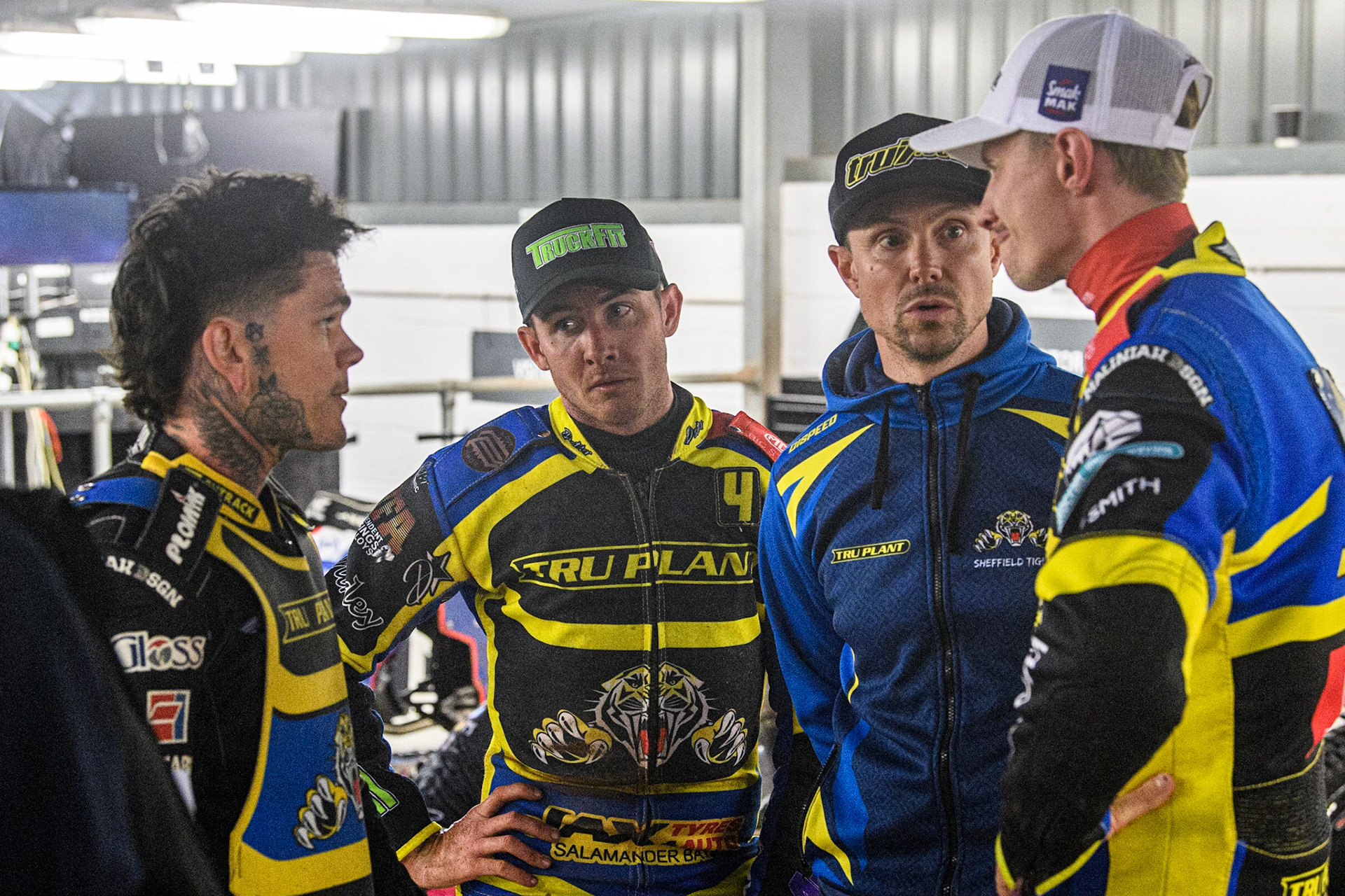 (l - r) Tai Woffinden, Josh Pickering, Simon Stead  and Tobiasz Musielak during the Sports Insure Premiership match between Belle Vue Aces and Sheffield Tigers at the National Speedway Stadium, Manchester on Monday 7th August 2023. (Photo: Ian Charles | MI News)