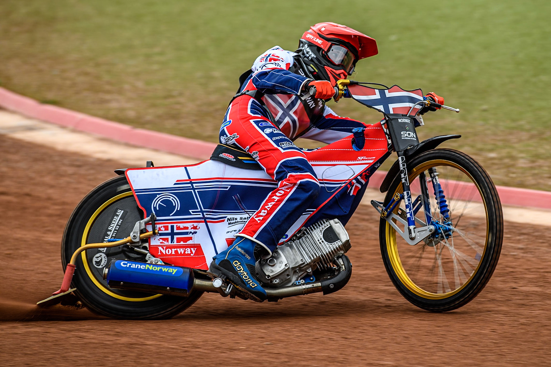 Mathias Pollestad of Norway practices during the Monster Energy FIM Speedway of Nation Semi Final 2 at the National Speedway Stadium, Manchester on Wednesday 10th July 2024. (Photo: Ian Charles | MI News)