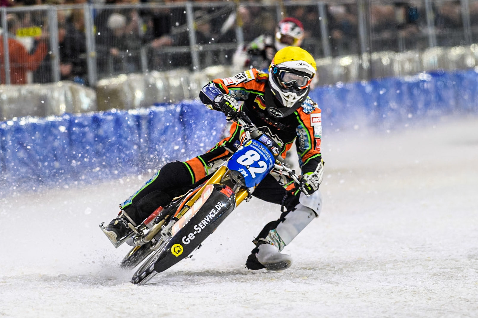 Germany's Markus Jell (82) in action during the FIM Ice Speedway Gladiators World Championship Final 4 at Ice Rink Thialf, Heerenveen on Sunday 7th April 2024. (Photo: Ian Charles | MI News)