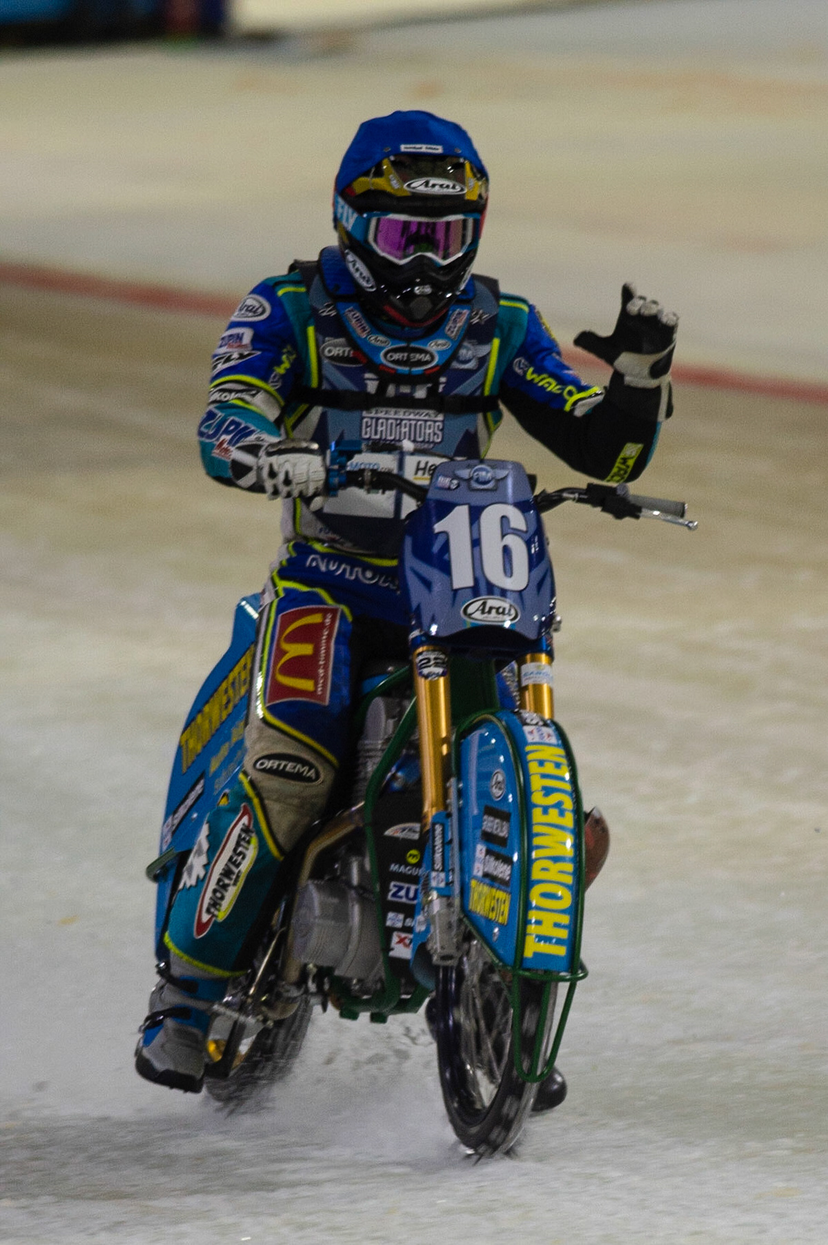 HEERENVEEN, NL. Luca Bauer (16) acknowledges the fans after his win during the FIM Ice Speedway Gladiators World Championship Final 3 at Ice Rink Thialf, Heerenveen on Saturday  2 April 2022. (Credit: Ian Charles | MI News)