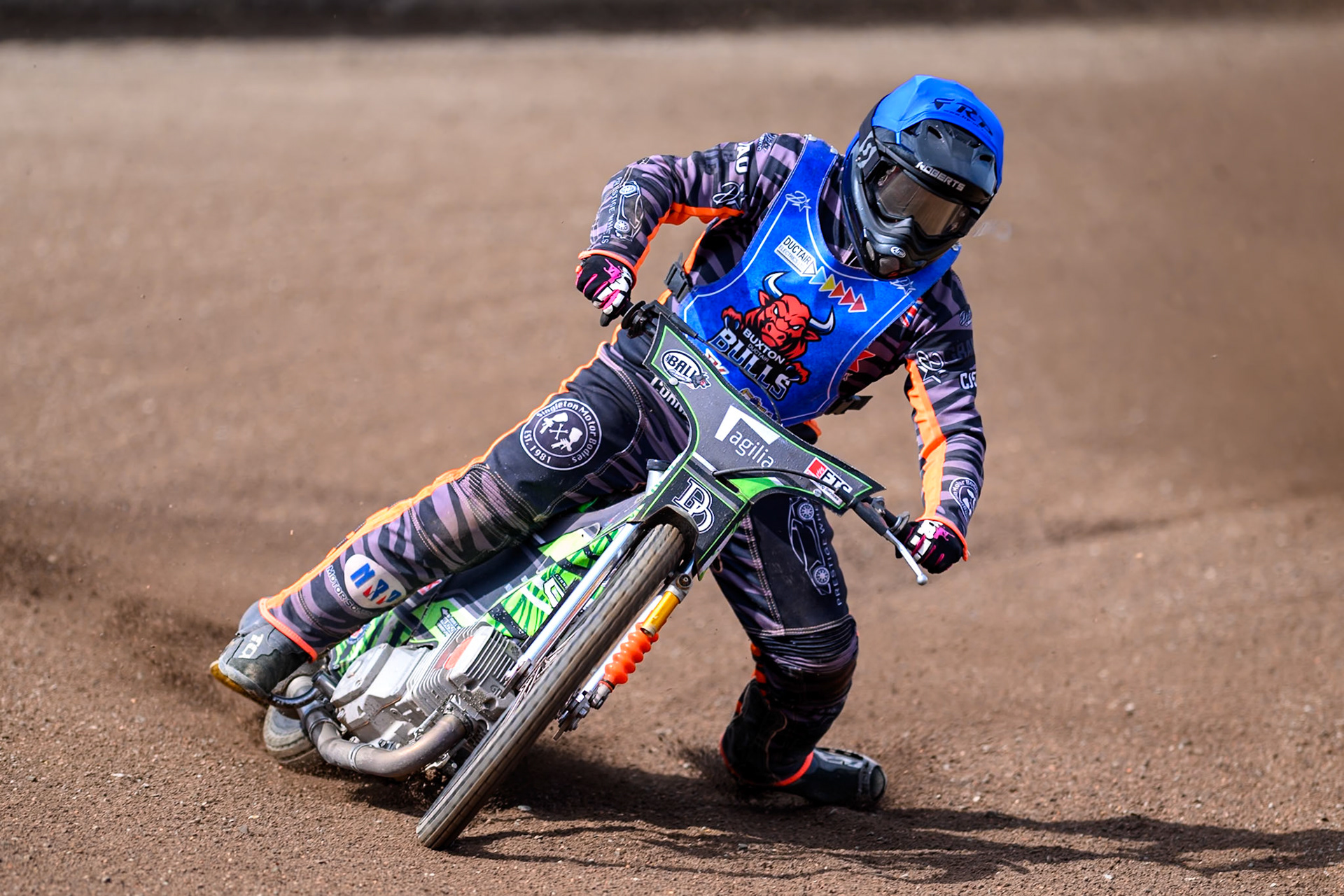 Jack Roberts of Buxton Bulls gets out of shape on the third and fourth turns during the WSRA National Development League match between Buxton Bulls and King's Lynn Young Stars at Hi-Edge Speedway, Buxton on Sunday 9th August 2026. (Photo: Ian Charles | MI News)