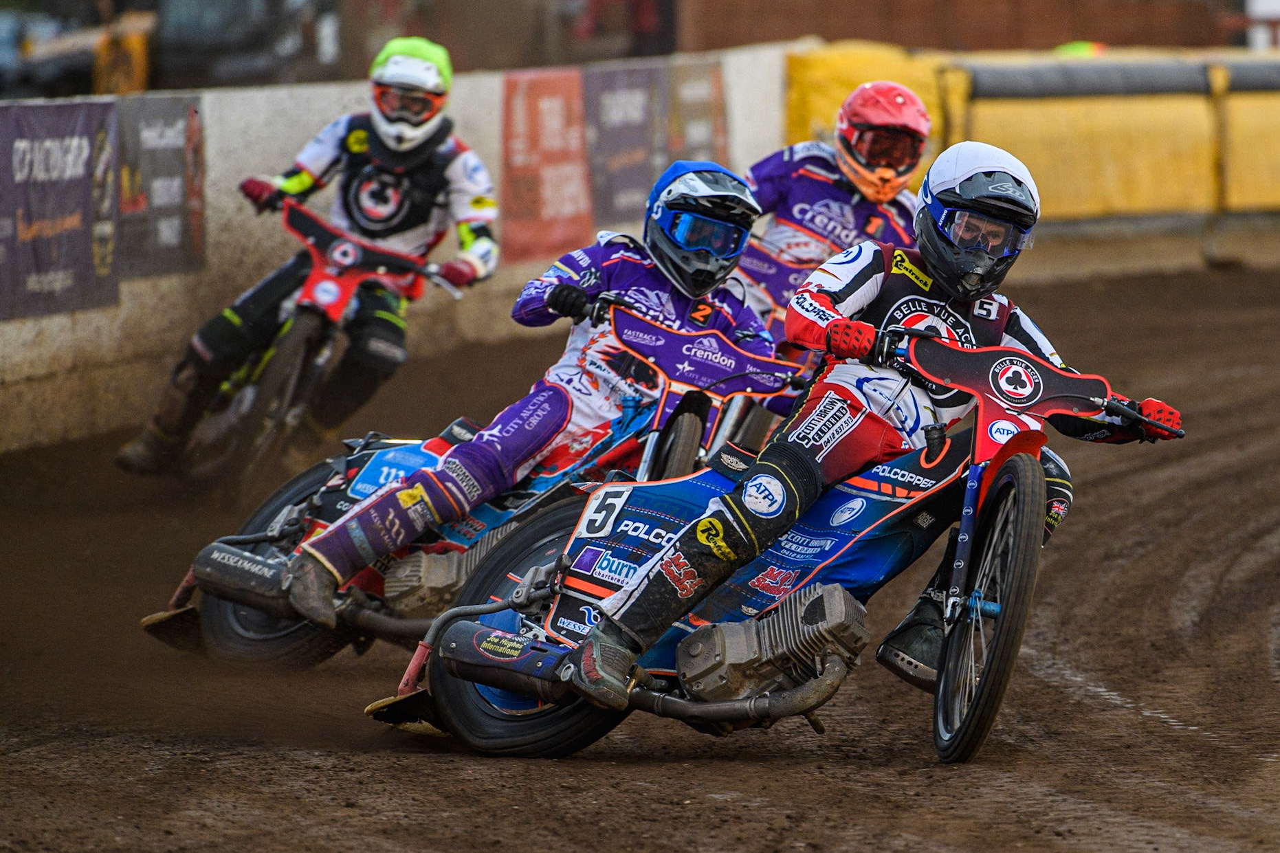 Brady Kurtz (White) leads Ben Cook (Blue) Niels-Kristian Iversen (Red)  and Keynan Rew (Yellow) during the Sports Insure Premiership match between Peterborough and Belle Vue Aces at East of England Showground, Peterborough on Monday 26th June 2023. (Photo: Ian Charles | MI News)