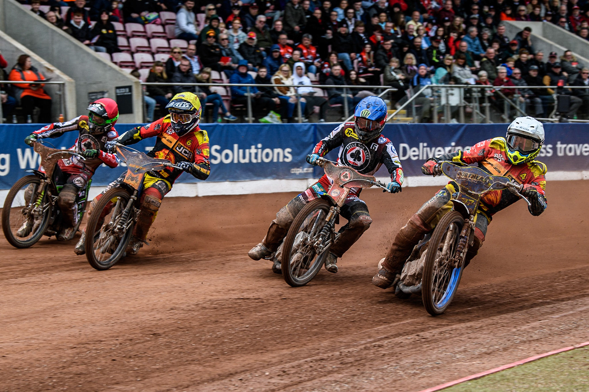 Chris Harris  (White) inside Jaimon Lidsey  (Blue), Jake Allen  (Yellow) and Charles Wright   (Red) during the SGB Premiership match between Belle Vue Aces and Leicester Lions at the National Speedway Stadium, Manchester on Monday 1st May 2023. (Photo: Ian Charles | MI News)