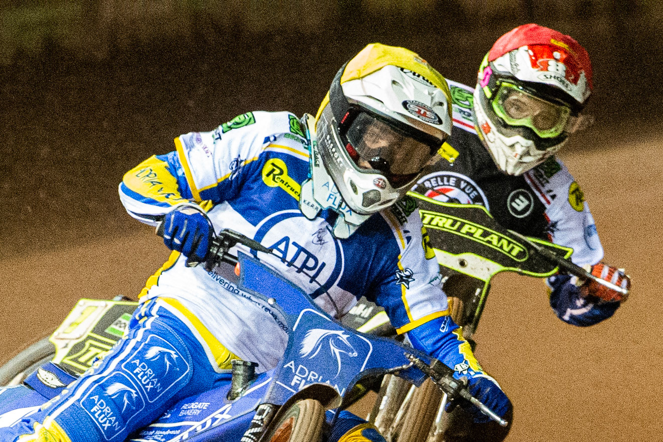 Photo: Ian CharlesLewis Kerr of the 'ATPI' All Stars (Yellow) leads Jason Crump of Belle Vue 'BikeRight' Aces  (Red)Belle Vue ‘Bikerite ’Aces v ‘ATPI’ All Stars, Premiership Challenge, National Speedway Stadium, Manchester Thursday  24  September  2020