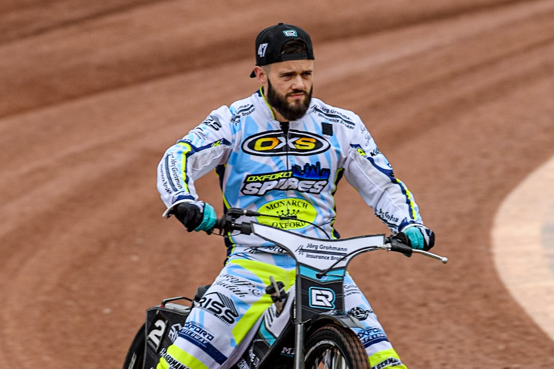Oxford Spires' Erik Riss on the parade lap during the Rowe Motor Oil Premiership match between Belle Vue Aces and Oxford Spires at the National Speedway Stadium, Manchester on Monday 22nd July 2024. (Photo: Ian Charles | MI News)