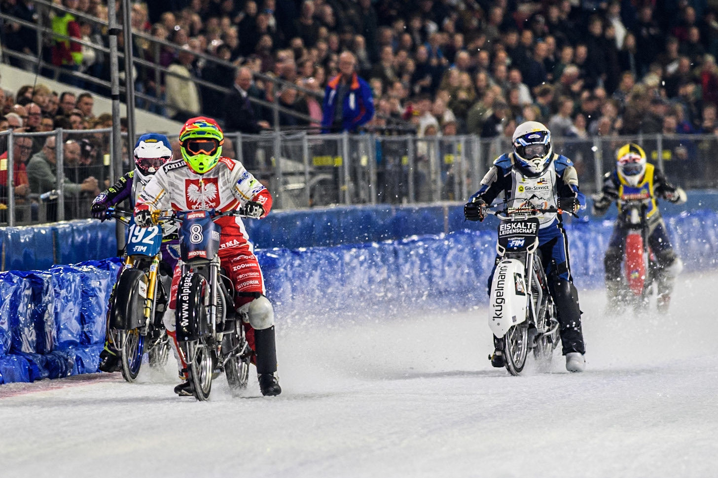 Michał Knapp of Poland in Red leading Paul Cooper of Great Britain in Blue, Reinhard Greisel of Germany in White and David Lizák of The Czech Republic in Yellow during the Roelof Thijs Bokaal, Ice Rink Thialf, Heerenveen, Netherlands on Friday 4th April 2025. (Photo: Ian Charles | MI News)