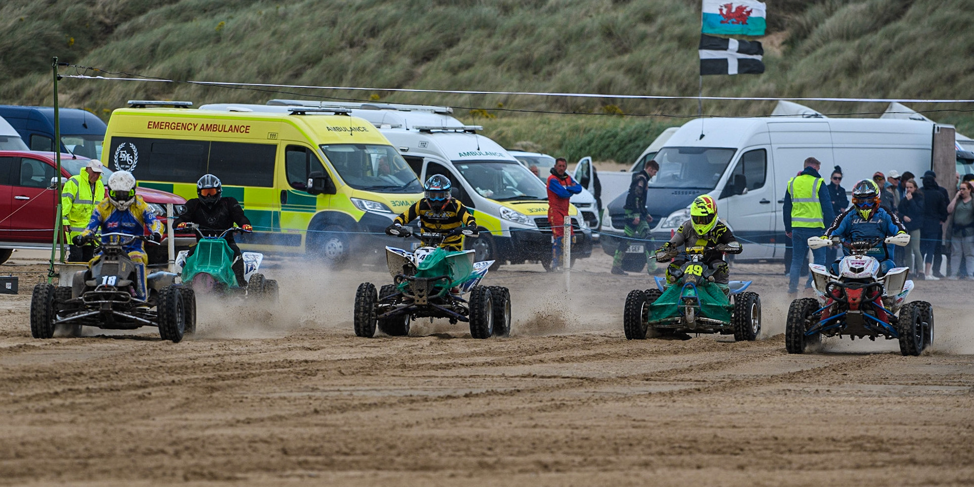 (l - r) Rob Heath (18), Mark Ramsdale (9), Daniel Bradley (40), Liam Whetton (49) and Davey Nixon (99) leave the start line during the Fylde ACU British Sand Racing Masters Championship at  St Annes on Sea, Lancashire on Sunday 30th July 2023. (Photo: Ian Charles | MI News)