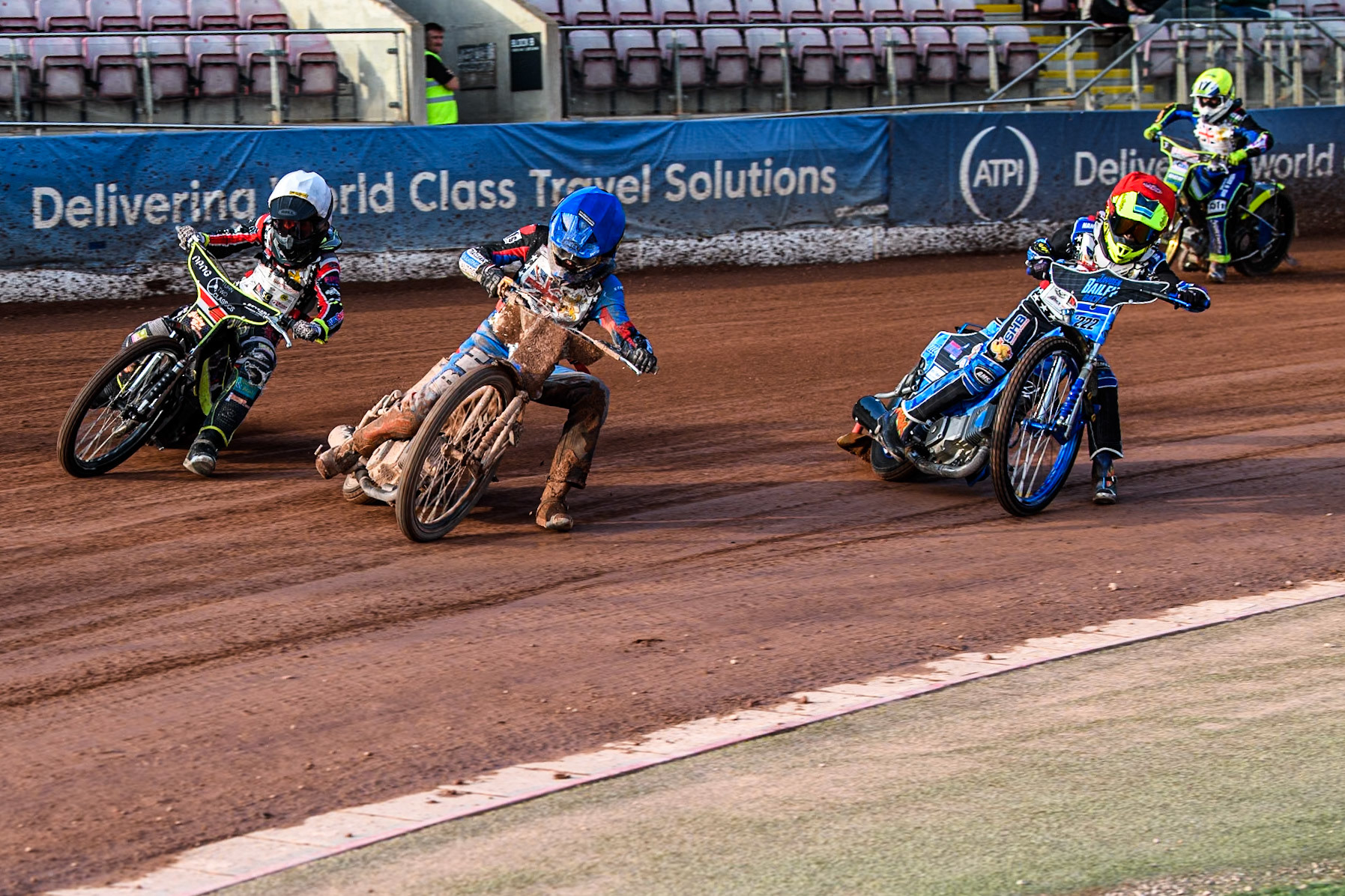 Ollie Binns (250cc) in Blue leading Seth Norman (250cc) in White, Jayden Bailey (250cc) in Red and Jack Franklin (250cc) in Yellow during the British Youth 250cc Championships at the National Speedway Stadium, Manchester on Friday 30th August 2024. (Photo: Ian Charles | MI News)
