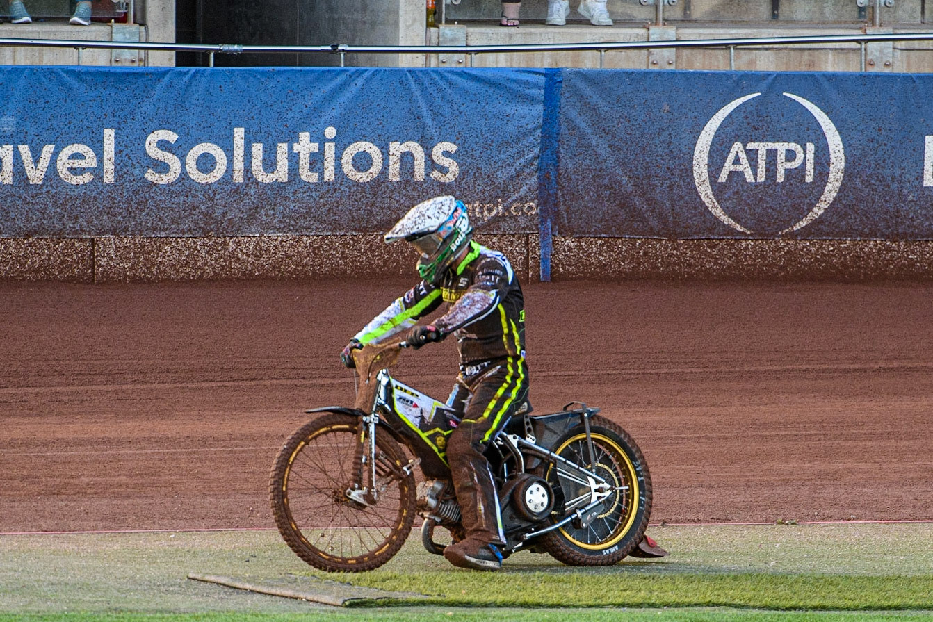 Jason Doyle pulls up after his engine failure during the Sports Insure Premiership match between Belle Vue Aces and Ipswich Witches at the National Speedway Stadium, Manchester on Monday 17th July 2023. (Photo: Ian Charles | MI News)