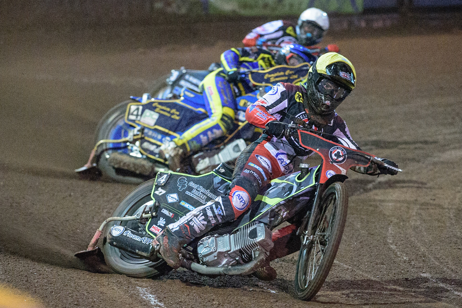 Tom Brennan   (Yellow) leads Kyle Howarth  (Blue) and Matej Zagar  (White) during the SGB Premiership Grand Final 2nd Leg between Sheffield Tigers and Belle Vue Aces at Owlerton Stadium, Sheffield on Thursday 13th October 2022. (Credit: Ian Charles | MI News)