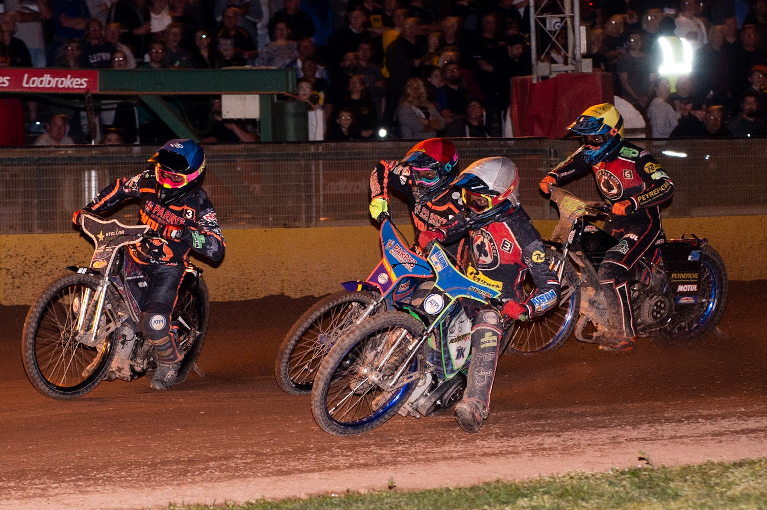 Photo by Ian Charles:

Dan Bewley  (White) leads the charge inside Scott Nicholls  (Blue) Rory Schlein  (Red) and Dimitri Bergé  (Yellow)

Wolverhampton Wolves v Belle Vue Aces, British Speedway Premiership 22 April 2019