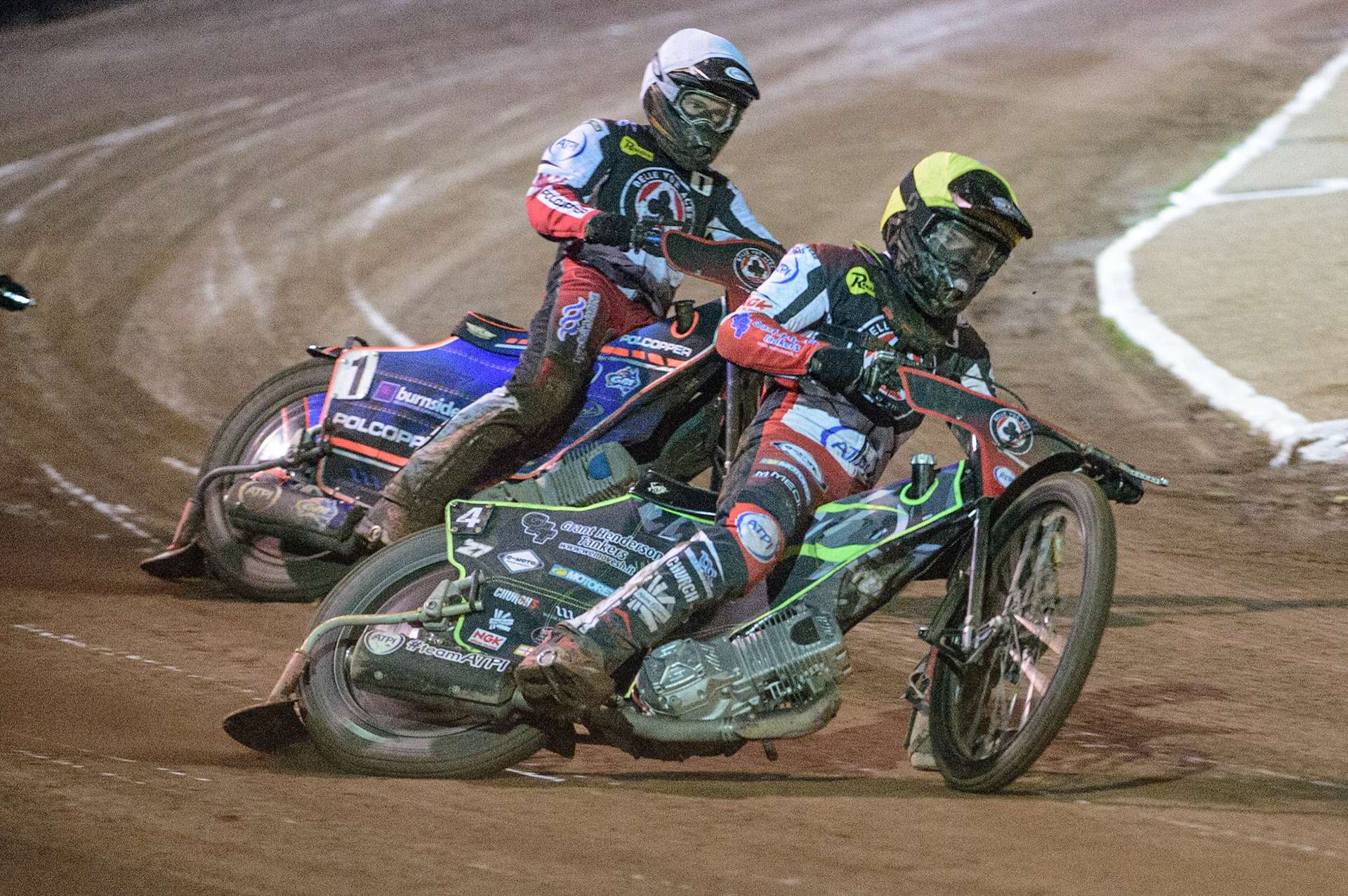 Tom Brennan   (Yellow) leads team mate Brady Kurtz  (White) during the SGB Premiership Grand Final 2nd Leg between Sheffield Tigers and Belle Vue Aces at Owlerton Stadium, Sheffield on Thursday 13th October 2022. (Credit: Ian Charles | MI News)
