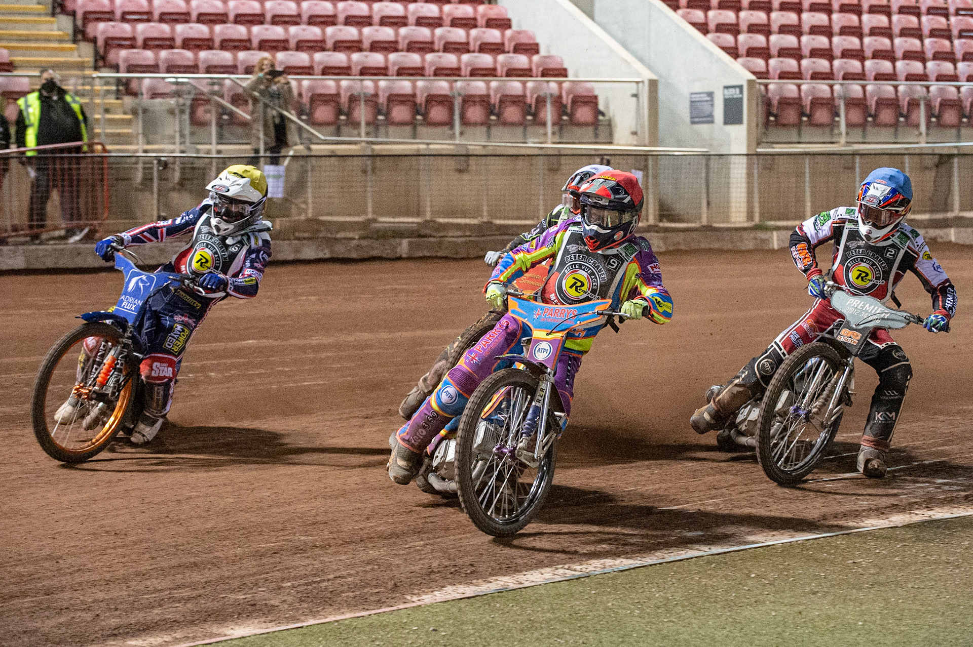 Photo: Ian CharlesRory Schlein (Red) leads Lewis Kerr (Yellow) Drew Kemp (White) (partially hidden) and Steve Worrall (Blue)Peter Craven Memorial Trophy, National Speedway Stadium, Manchester Thursday  22  October  2020