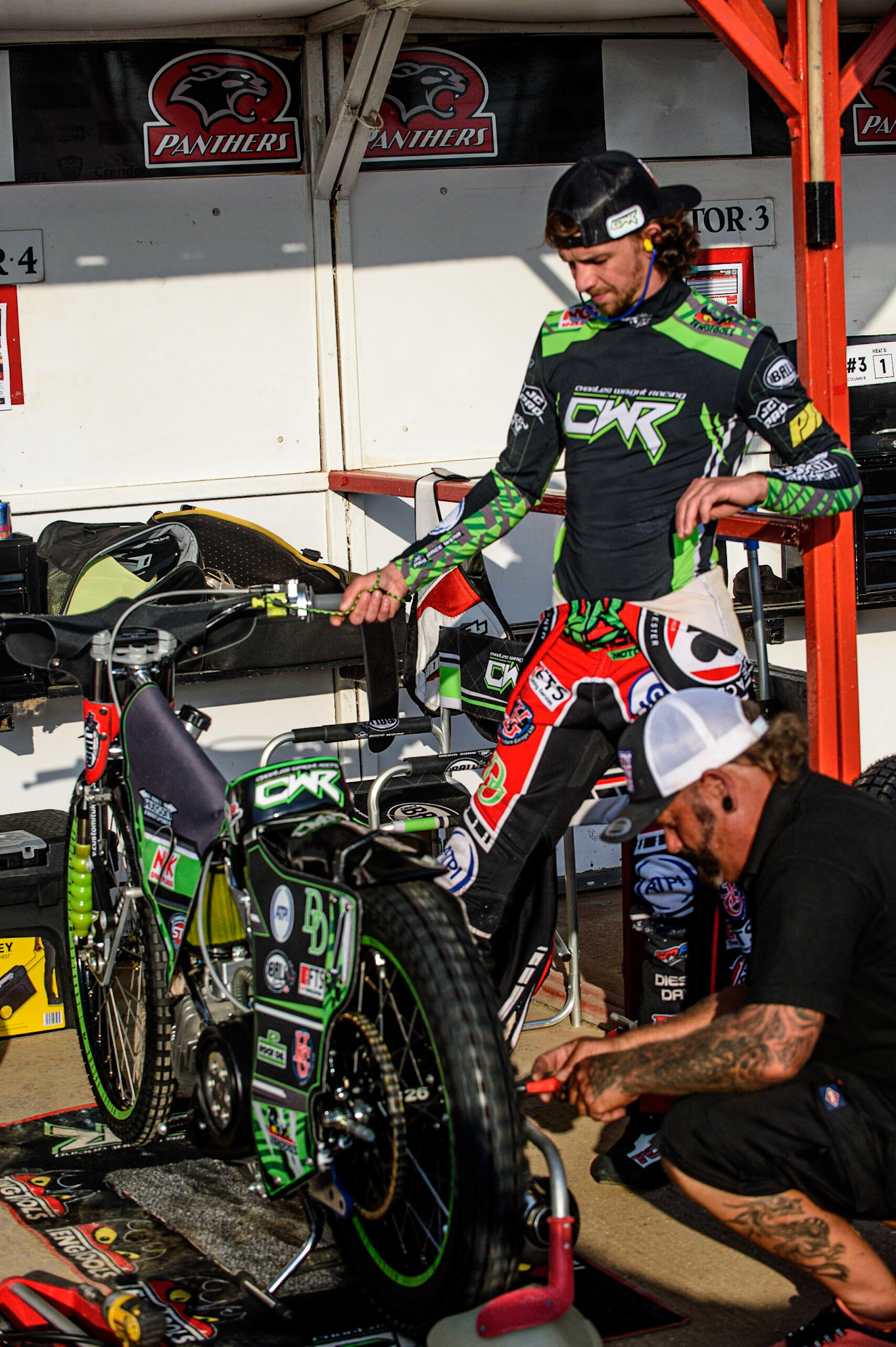 PETERBOROUGH, UK. JULY 19TH Belle Vue BikeRight Aces  rider Charles Wright warms up his bike  during the SGB Premiership match between Peterborough and Belle Vue Aces at East of England Showground, Peterborough on Monday 19th July 2021. (Credit: Ian Charles | MI News)