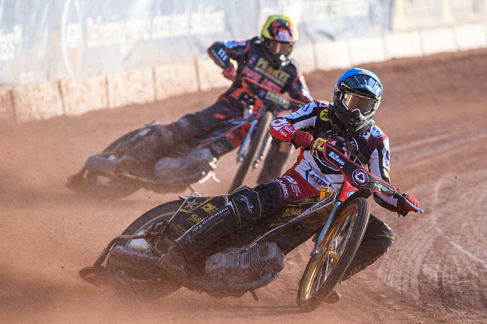 Norick Blodorn (Blue) leads Zach Cook (Yellow) during the Sports Insure Premiership match between Belle Vue Aces and Wolverhampton Wolves at the National Speedway Stadium, Manchester on Monday 3rd July 2023. (Photo: Ian Charles | MI News)