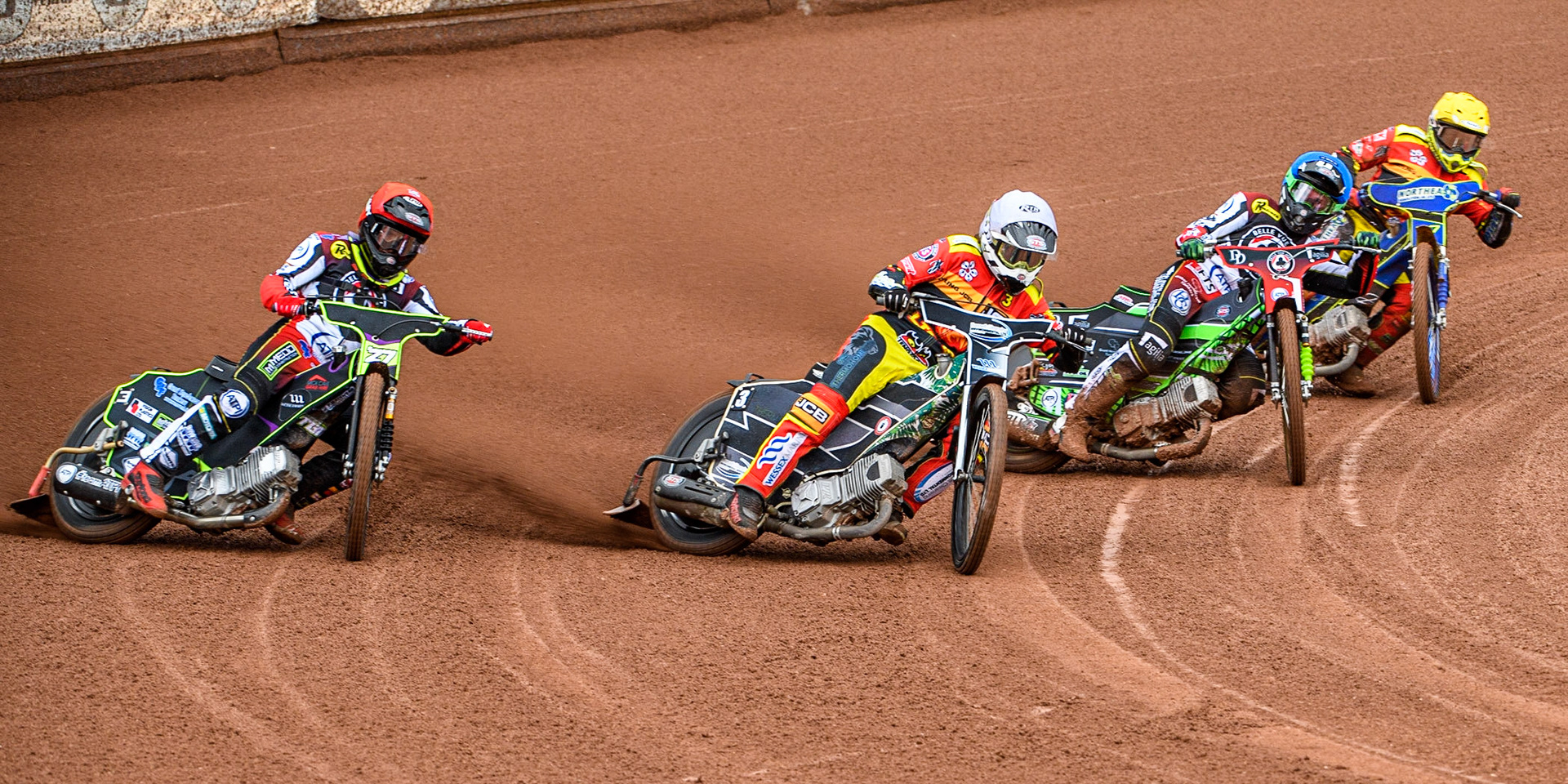 (l - r) Tom Brennan  (Red), Richard Lawson  (White) Charles Wright   (Blue) and Chris Harris  (Yellow) during the SGB Premiership match between Belle Vue Aces and Leicester Lions at the National Speedway Stadium, Manchester on Monday 1st May 2023. (Photo: Ian Charles | MI News)