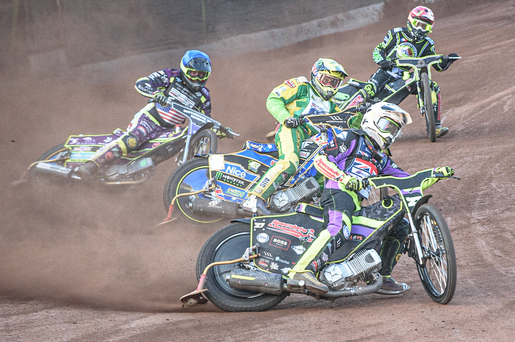 GLASGOW, UK. JUNE 19TH.  Tom Brennan (Reserve) (Great Britain) (White) leads Chris Holder (Australia) (Yellow) Max Ruml (USA) (Blue) and Steven Goret (France) (Red)  during the FIM Speedway Grand Prix Qualifying Round at the Peugeot Ashfield Stadium, Glasgow on Saturday 19th June 2021. (Credit: Ian Charles | MI News)