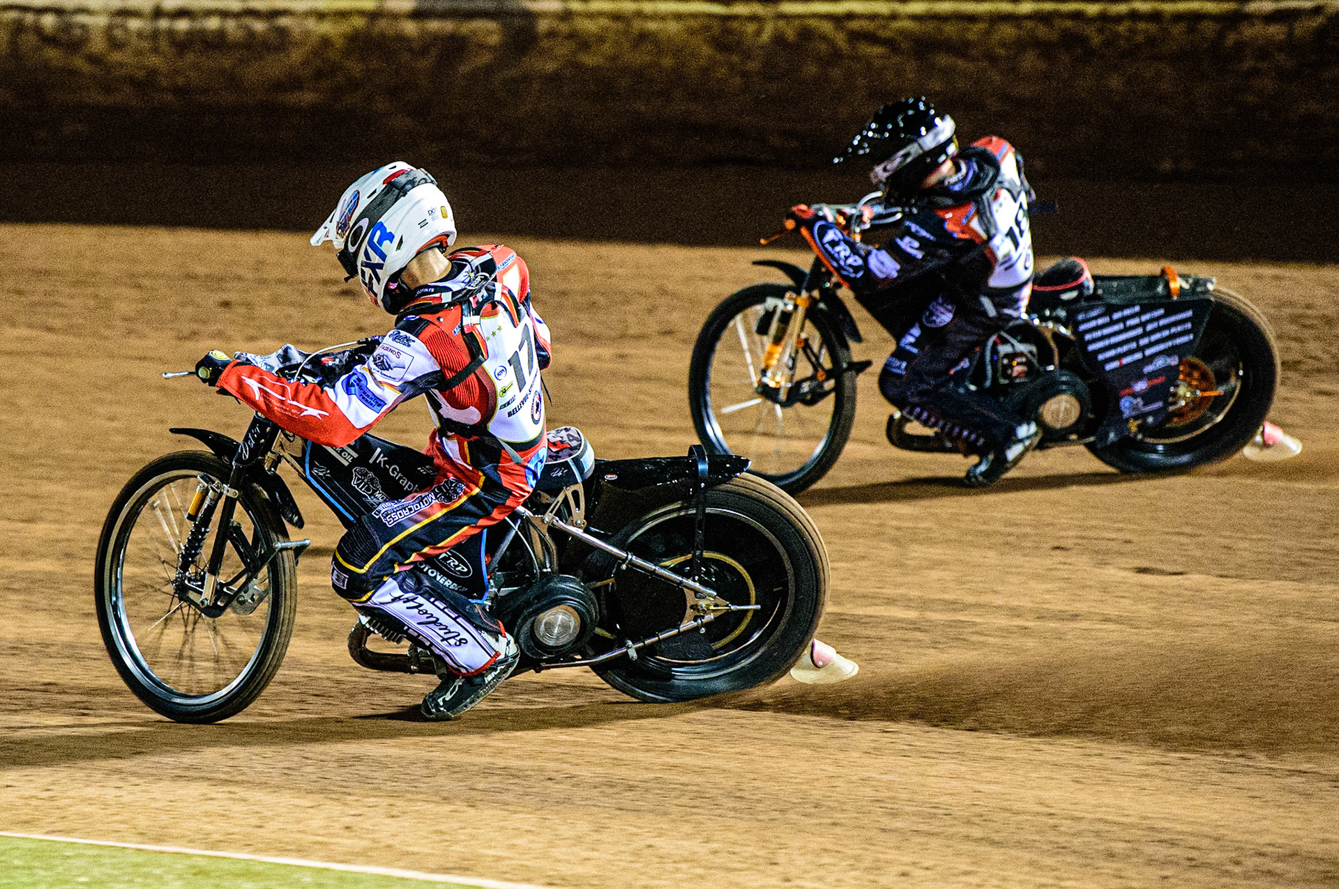 Freddy Hodder   (White) inside Jack Smith  (Blue) during the Peter Craven Memorial Trophy  at the National Speedway Stadium, Manchester on Monday 3rd April 2023. (Photo: Ian Charles | MI News)
