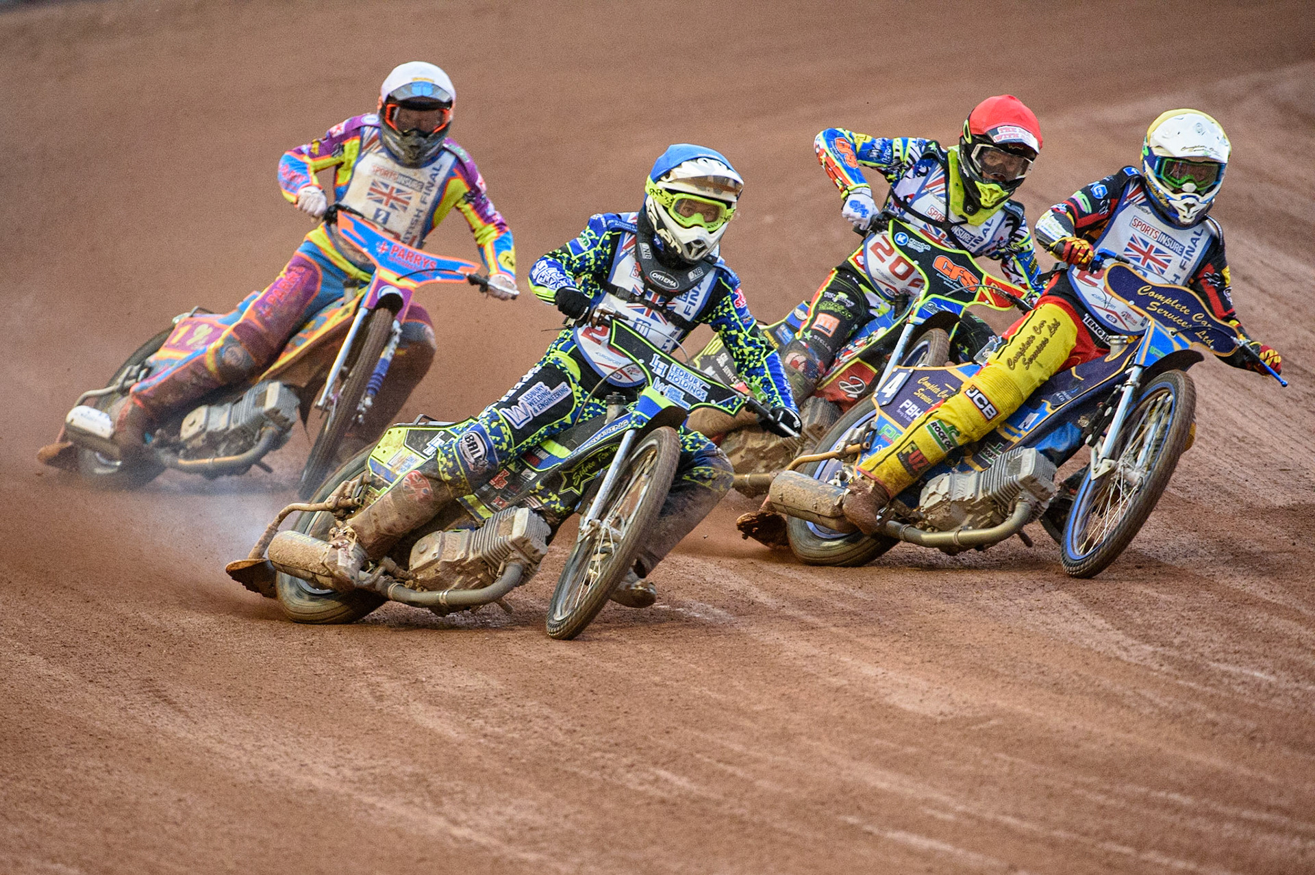 MANCHESTER, UK. AUGUST 16TH   Paul Starke  (Blue) outside Kyle Howarth  (Yellow) with Rory Schlein  (White) and Anders Rowe  (Red) behind during the Sports Insure British Speedway Finals at the National Speedway Stadium, Manchester on Monday 16th August 2021. (Credit: Ian Charles | MI News)