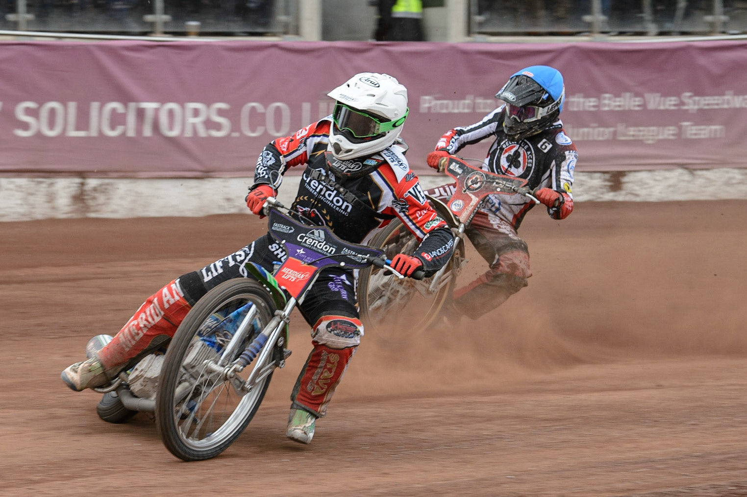 MANCHESTER, UK. MAY 2ND  Hans Andersen   (White) leads Norick Blödorn  (Blue) during the SGB Premiership match between Belle Vue Aces and Peterborough at the National Speedway Stadium, Manchester on Monday 2nd May 2022. (Credit: Ian Charles | MI News)