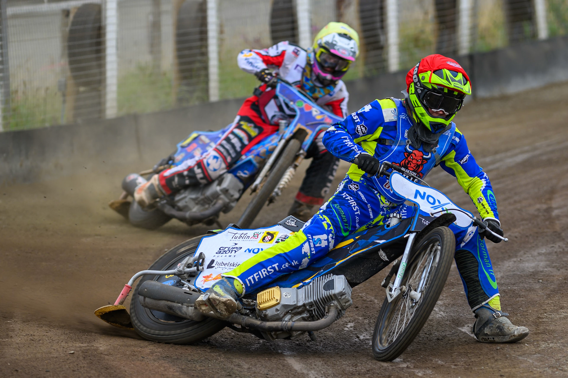 Will Boraston of Buxton Bulls in Red leading Stene Pijper of Middlesborough Tigers in Yellow during the WSRA National Development League match  between Buxton Bulls and Middlesborough Tigers at Hi-Edge Speedway, Buxton on Sunday 16th August 2026. (Photo: Ian Charles | MI News)