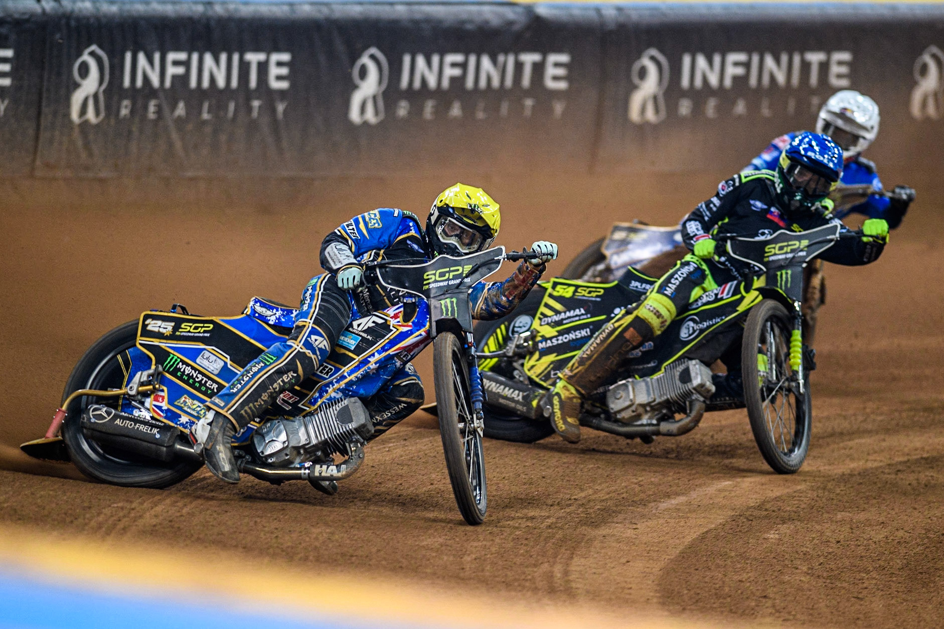 Jack Holder (25) (Yellow) leads  Patryk Dudek (692) (Blue) and Robert Lambert (505) (White) during the FIM Speedway Grand Prix of Great Britain at the Principality Stadium, Cardiff on Saturday 2nd September 2023. (Photo: Ian Charles | MI News)