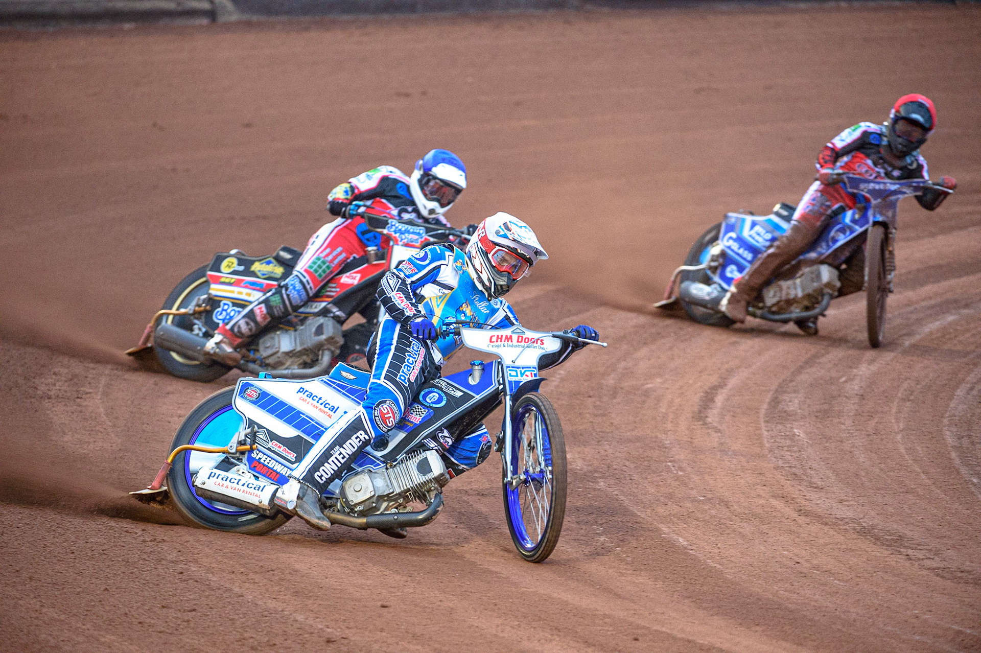 MANCHESTER, UK. AUGUST 20TH Danny Phillips  (White) leads Paul Bowen  (Blue) and Harry McGurk  (Red) during the National Development League match between Belle Vue Aces and Armadale Devils at the National Speedway Stadium, Manchester on Friday 20th August 2021. (Credit: Ian Charles | MI News)