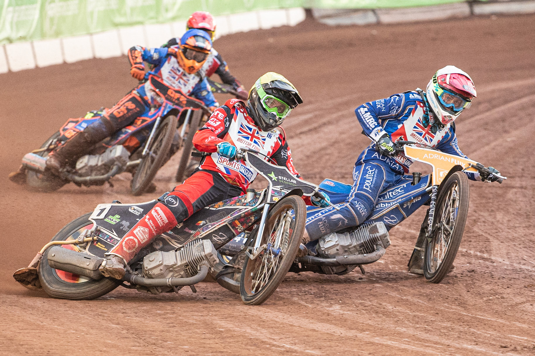 Photo: Ian Charles

Scott Nicholls (Yellow) outside Lewis Kerr (White) with \Kyle Newman (Blue) and Simon Lambert (Red) behind

Sports Insure British Final,  Belle Vue National Speedway Stadium, Manchester Monday 29  July  2019
