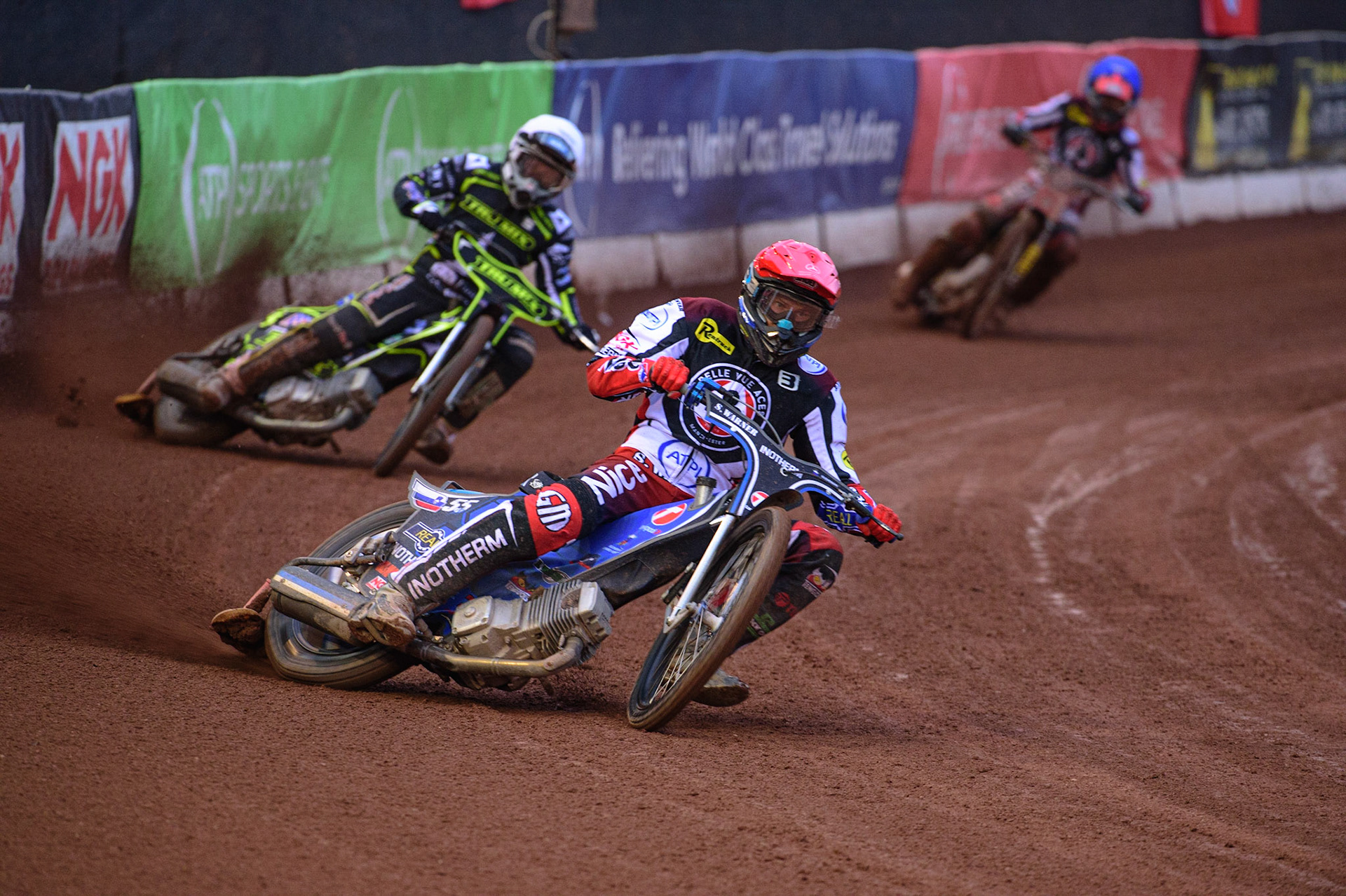 MANCHESTER, UK. JUN 6TH  Matej Žagar   (Red) leads Danny King  (White)  with Jye Etheridge  (Blue) behind during the SGB Premiership match between Belle Vue Aces and Ipswich Witches at the National Speedway Stadium, Manchester on Monday 6th June 2022. (Credit: Ian Charles | MI News)