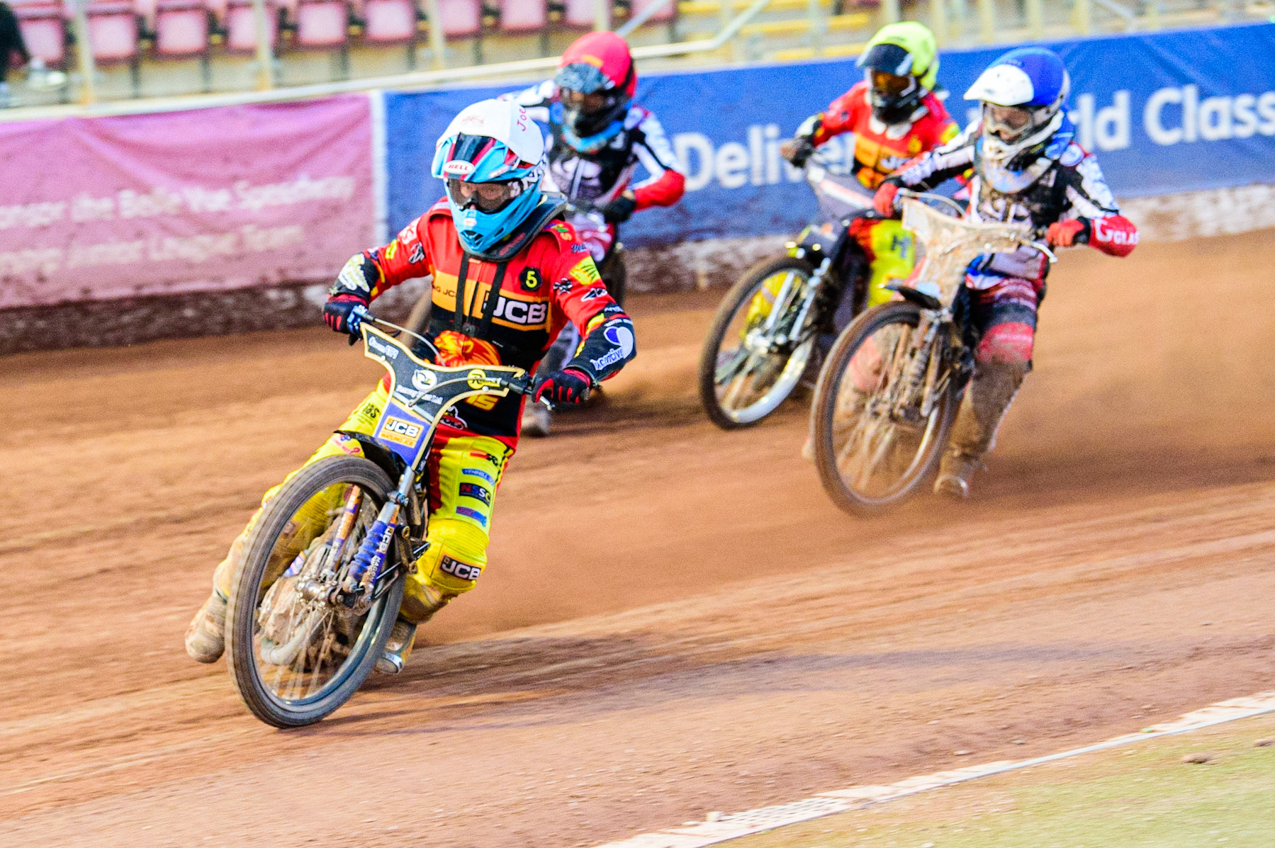 Joe Thompson   (White) leads Harry McGurk  (Red) Sam McGurk  (Blue) and Vinnie Foord  (Yellow) during the National Development League match between Belle Vue Aces and Leicester Lions at the National Speedway Stadium, Manchester on Friday 19th August 2022. (Credit: Ian Charles | MI News)
