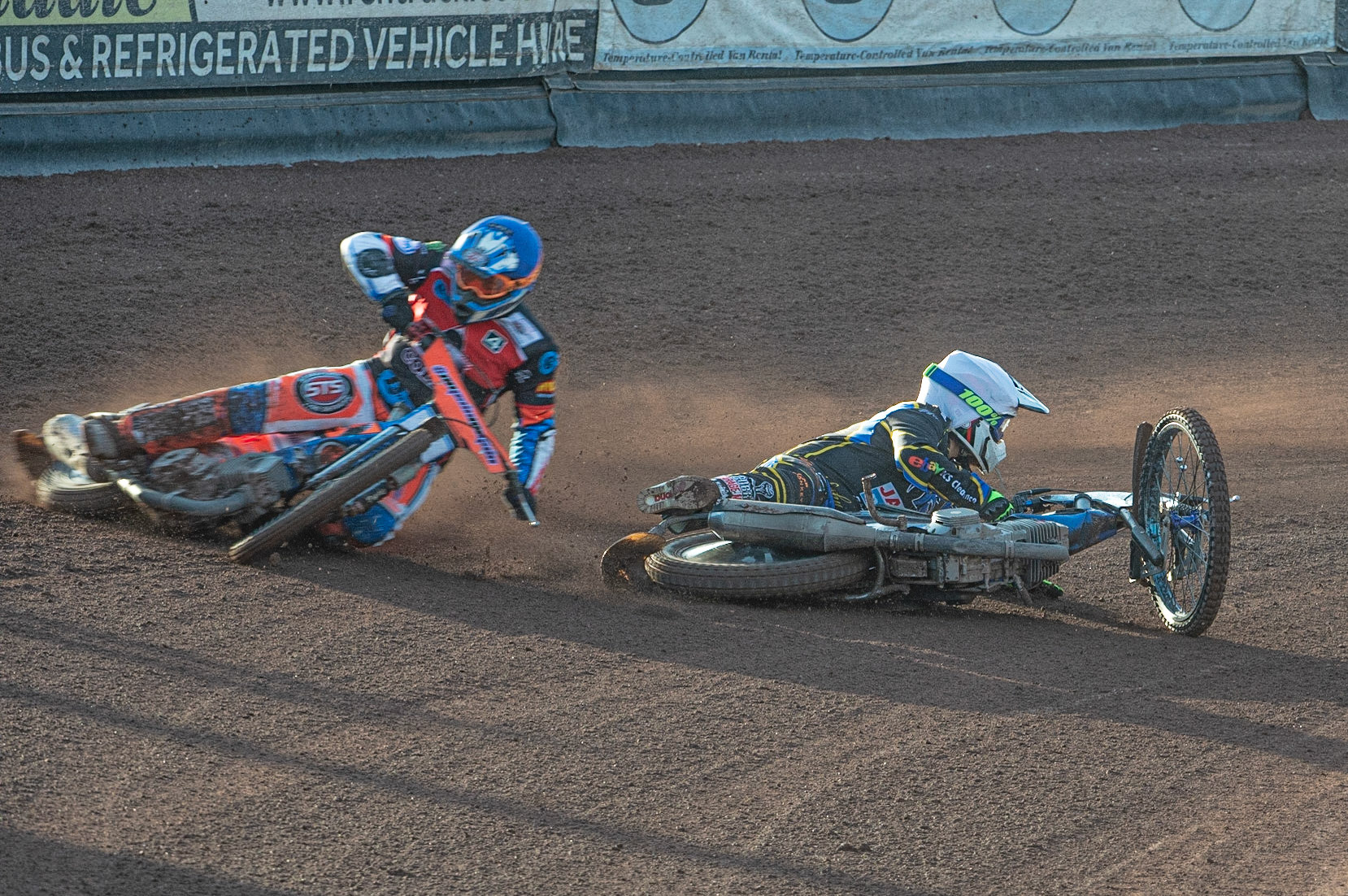 Photo: Ian Charles

Scott Campos  lies on the track as Josh Embleton  lays down to avoid him 

Belle Vue Colts v Plymouth Gladiators National League, Belle Vue National Speedway Stadium, Manchester, Thursday 23  May  2019