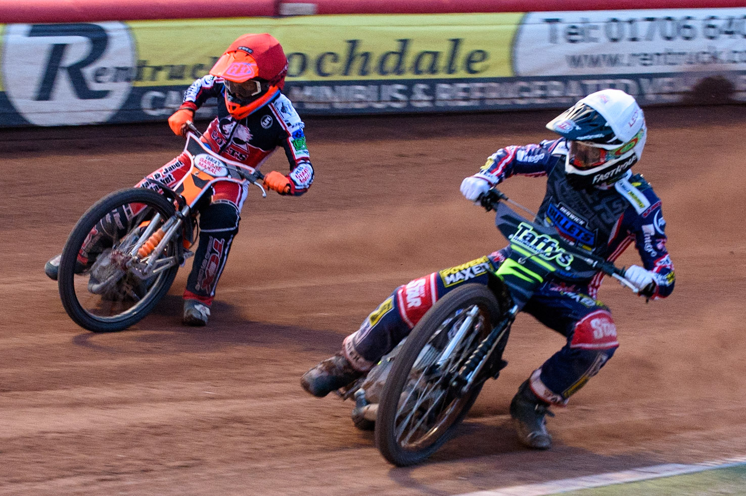MANCHESTER, UK. MAY 28TH  Leon Flint  (White) inside Connor Coles (Red) during the SGB National Development League match between Belle Vue Colts and Berwick Bullets at the National Speedway Stadium, Manchester on Friday 28th May 2021. (Credit: Ian Charles | MI News)