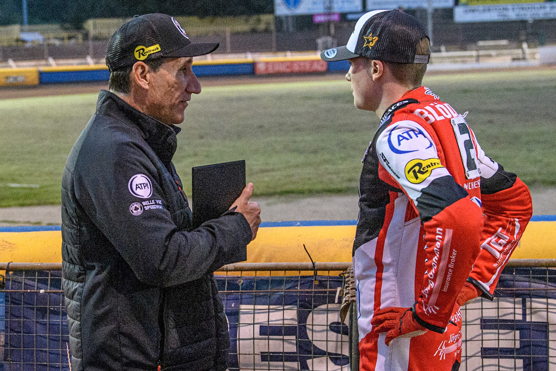 Belle Vue Aces' Team Manager Mark Lemon (Left) with Belle Vue Aces' Norick Blodorn  during the Rowe Motor Oil Premiership Play Off Semi Final 2nd leg between Sheffield Tigers and Belle Vue Aces at Owlerton Stadium, Sheffield on Thursday 19th September 2024. (Photo: Ian Charles | MI News)