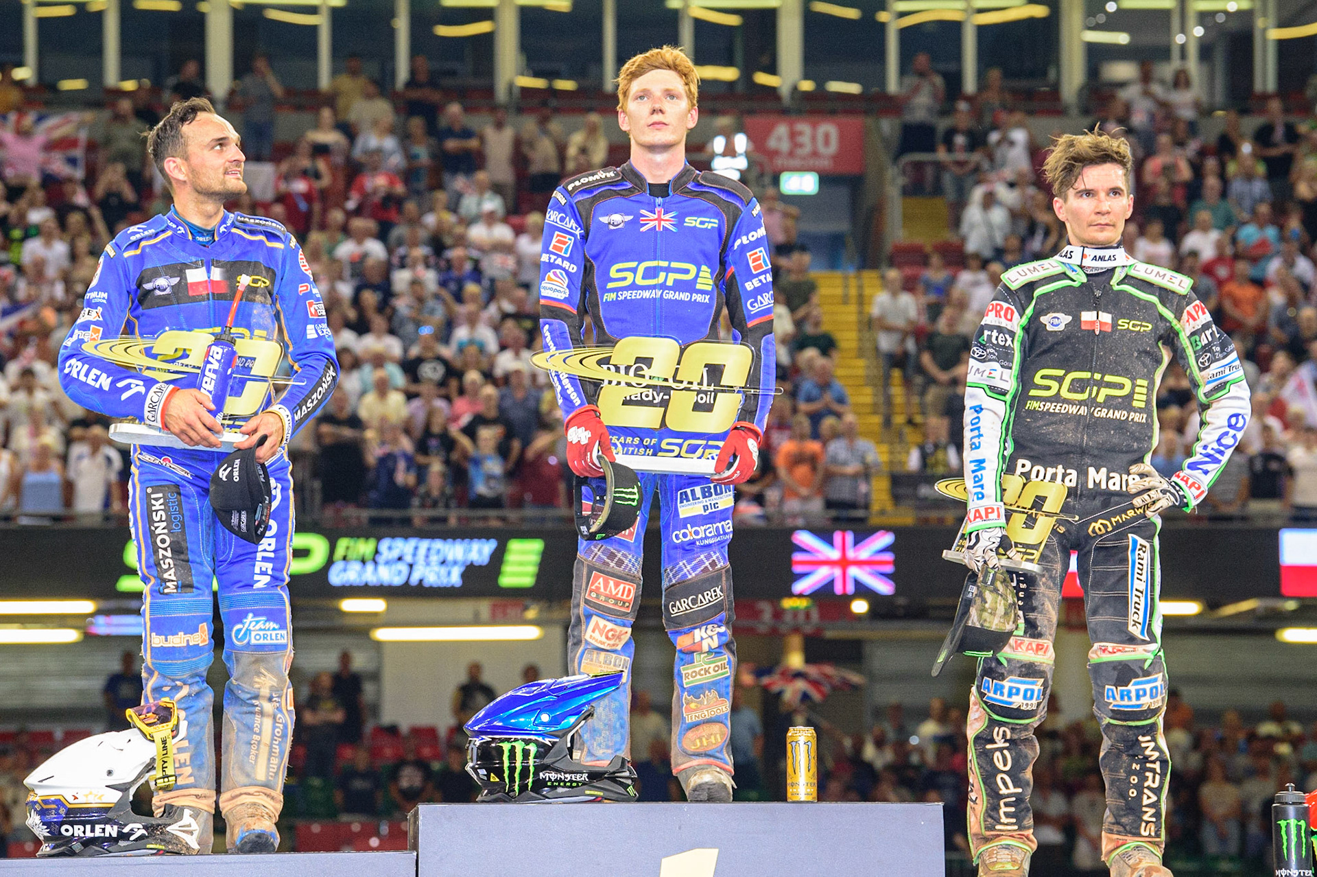 Top 3: (l - r) Bartosz Zmarzlik (95) - 2nd, Dan Bewley (99) Winner and Patryk Dudek (692) - 3rd during the FIM  Speedway Grand Prix of Great Britain at the Principality Stadium, Cardiff on Saturday 13th August 2022. (Credit: Ian Charles | MI News
