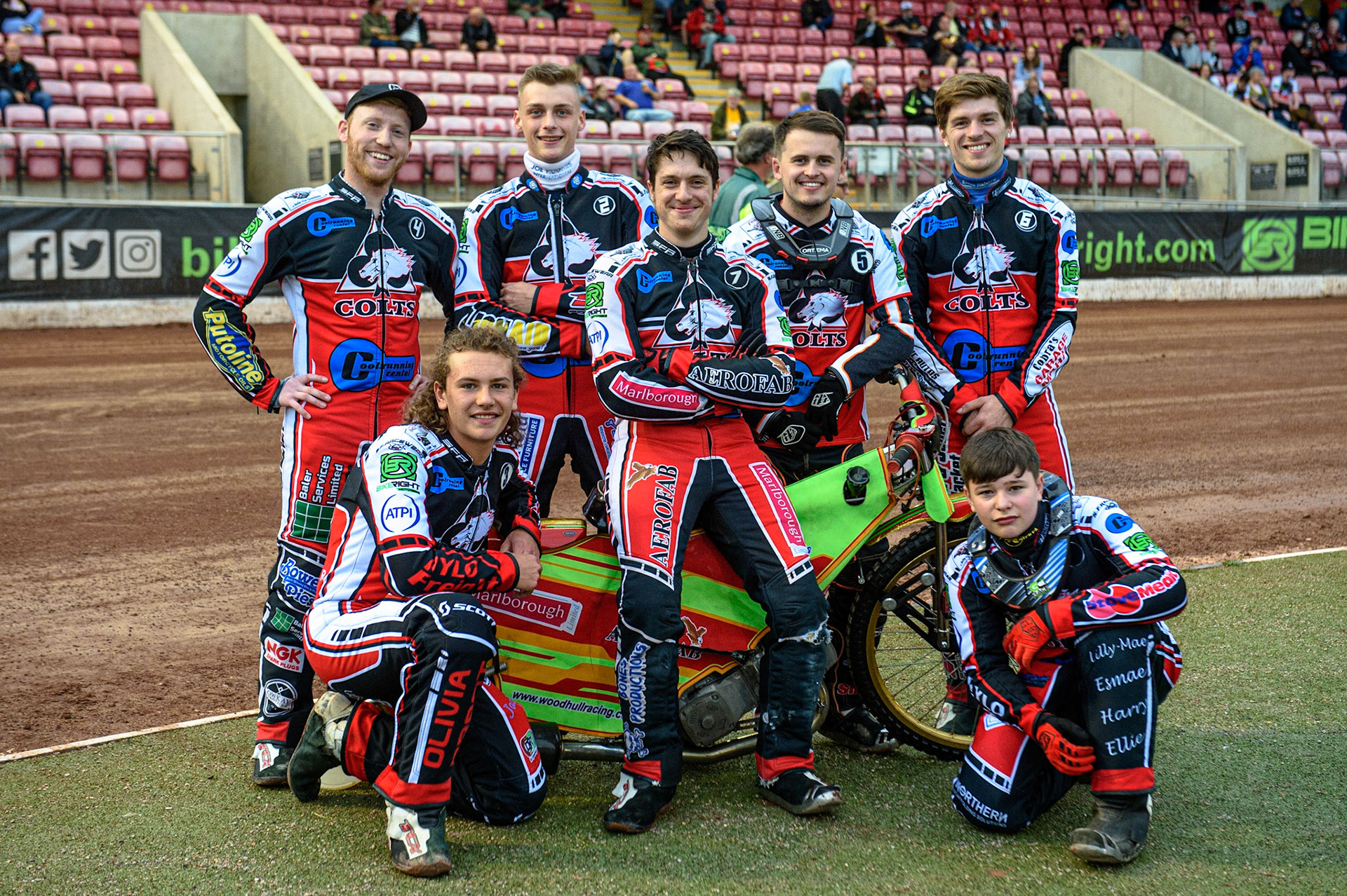 MANCHESTER, UK. AUGUST 20TH  The Belle Vue Colts: (Rear l-r): Paul Bowen , Jack Parkinson-Blackburn , Ben Woodhull, Jack Smith,Connor Coles  Kneeling( l-r) Harry McGurk , Sam McGurk during the National Development League match between Belle Vue Aces and Armadale Devils at the National Speedway Stadium, Manchester on Friday 20th August 2021. (Credit: Ian Charles | MI News)