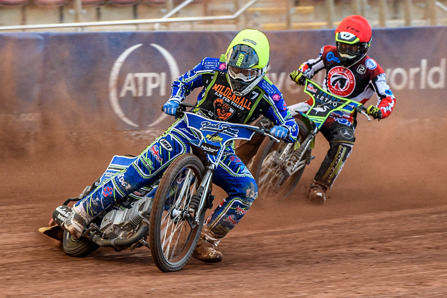 Arran Butcher (Yellow) leads Luke Muff (Red) during the National Development League match between Belle Vue Colts and Mildenhall Fens Tigers at the National Speedway Stadium, Manchester on Friday 26th May 2023. (Photo: Ian Charles | MI News)