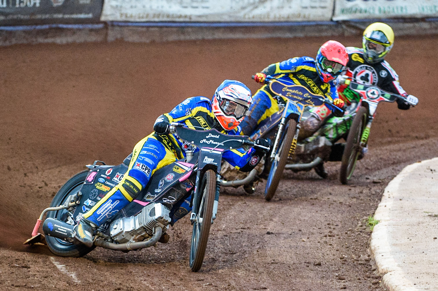 SHEFFIELD, UK. AUG 2NDJosh Pickering   (Blue) leads Kyle Howarth (Red) and Charles Wright  (Yellow) during the SGB Premiership match between Sheffield Tigers and Belle Vue Aces at Owlerton Stadium, Sheffield on Thursday 2nd September 2021. (Credit: Ian Charles | MI News)