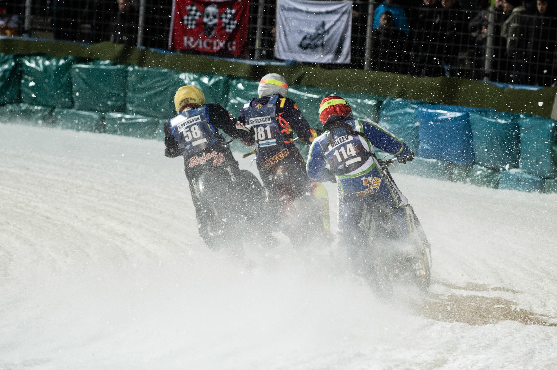 Photo: Ian Charles

Stefan Svensson (58) hits a rut inside Andrei Shishegov (181) and Dinar Valeev (114) causing Shishegov to fall

FIM Ice Speedway Gladiators World Championship, Final 3.1, Horst-Dohm Eisstadion, Berlin, Germany Saturday  2  March  2019