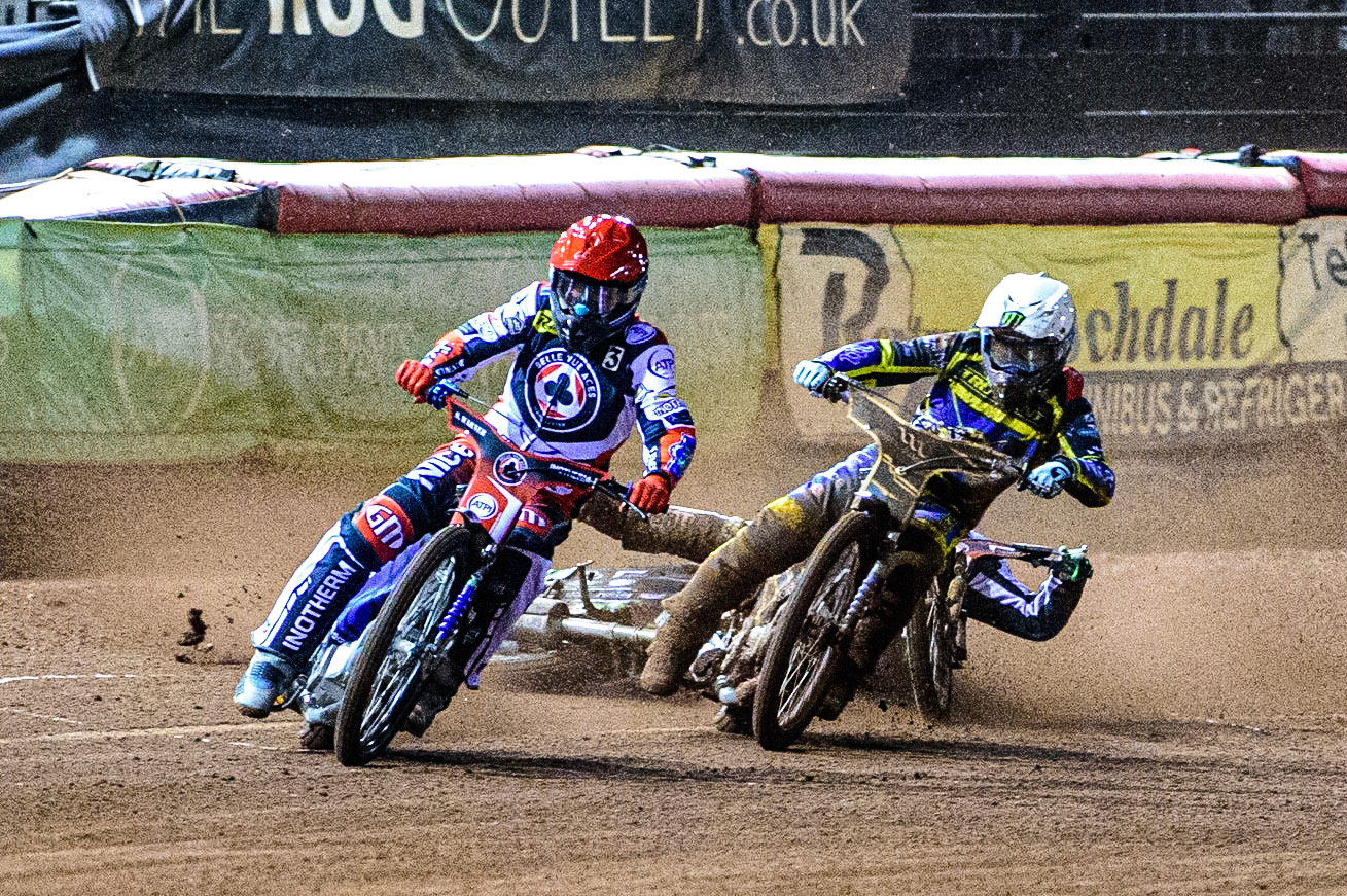 Jack Holder  (White) collides with Charles Wright  (Blue) behind Matej Zagar  (Red) during the SGB Premiership Grand Final 1st leg between Belle Vue Aces and Sheffield Tigers at the National Speedway Stadium, Manchester on Monday 10th October 2022. (Credit: Ian Charles | MI News)