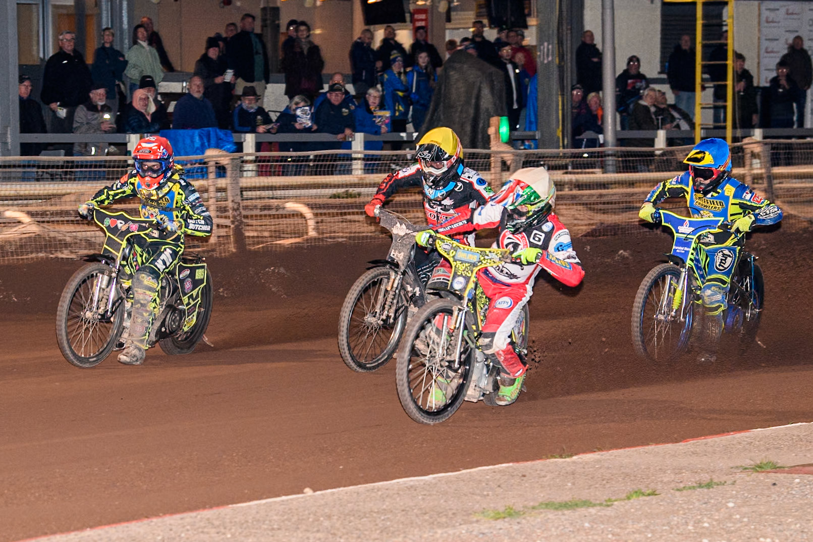 Belle Vue Colts' William Cairns  in White leading Belle Vue Colts' Harry McGurk  in Yellow Sheffield Tiger Cubs' Ace Pijper  in Red and Sheffield Tiger Cubs' Jamie Etherington in Blue during the WSRA National Development League match between Sheffield Tiger Cubs and Belle Vue Colts at Owlerton Stadium, Sheffield on Thursday 12th September 2024. (Photo: Ian Charles | MI News)