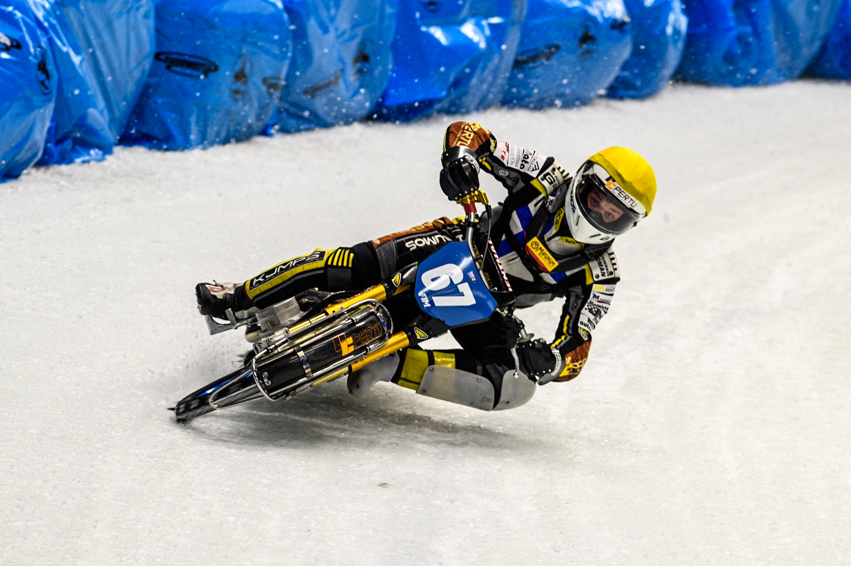 Heikki Huusko (67) of Finland in action during the Ice Speedway Gladiators World Championship Final 1 at Max-Aicher-Arena, Inzell on Saturday 15th March 2025. (Photo: Ian Charles | MI News)