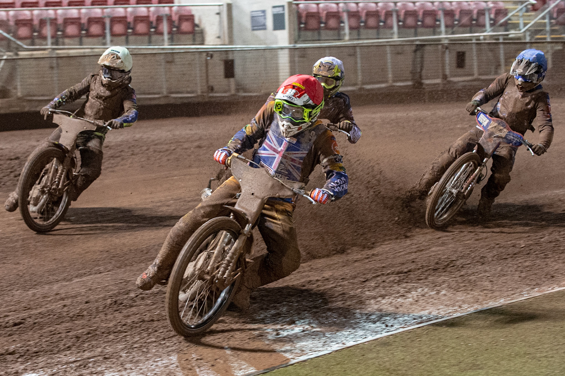 Photo: Ian CharlesJason Crump  (Red)  leads  Paul Starke  (Yellow) , Chris Harris   (White)  and Josh Auty  (Blue) Sports Insure British Speedway Championship Final, National Speedway Stadium, Manchester Monday  28  September  2020