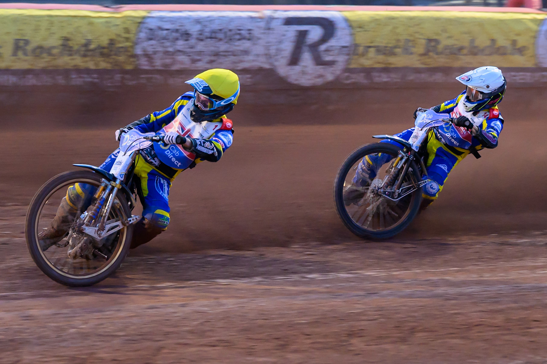 Anders Rowe (1) in Yellow leading Leon Flint (14) in White during the Cab Direct British Speedway Championship Final at the National Speedway Stadium, Manchester on Saturday 15th August 2026. (Photo: Ian Charles | MI News)