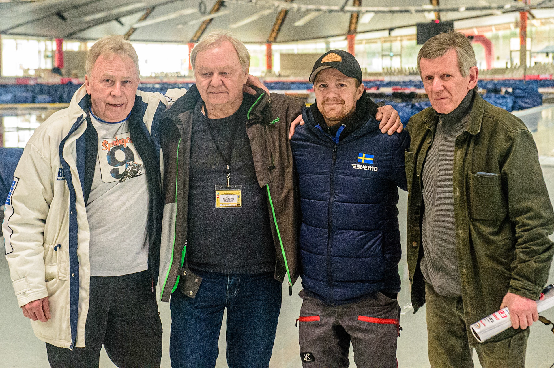 The Four World Champions (left - Right): Per-Olof Serenius (Sweden)(1995, 2002), Milan Spinka (Czech Rep) (1974), Martin Haarahiltunen (Sweden) (2022), Jarmo Hirvasoya (Finland) (1990) during the Ice Speedway Gladiators World Championship Final 2 at Max-Aicher-Arena, Inzell, Germany on Sunday 19th March 2023. (Photo: Ian Charles | MI News)