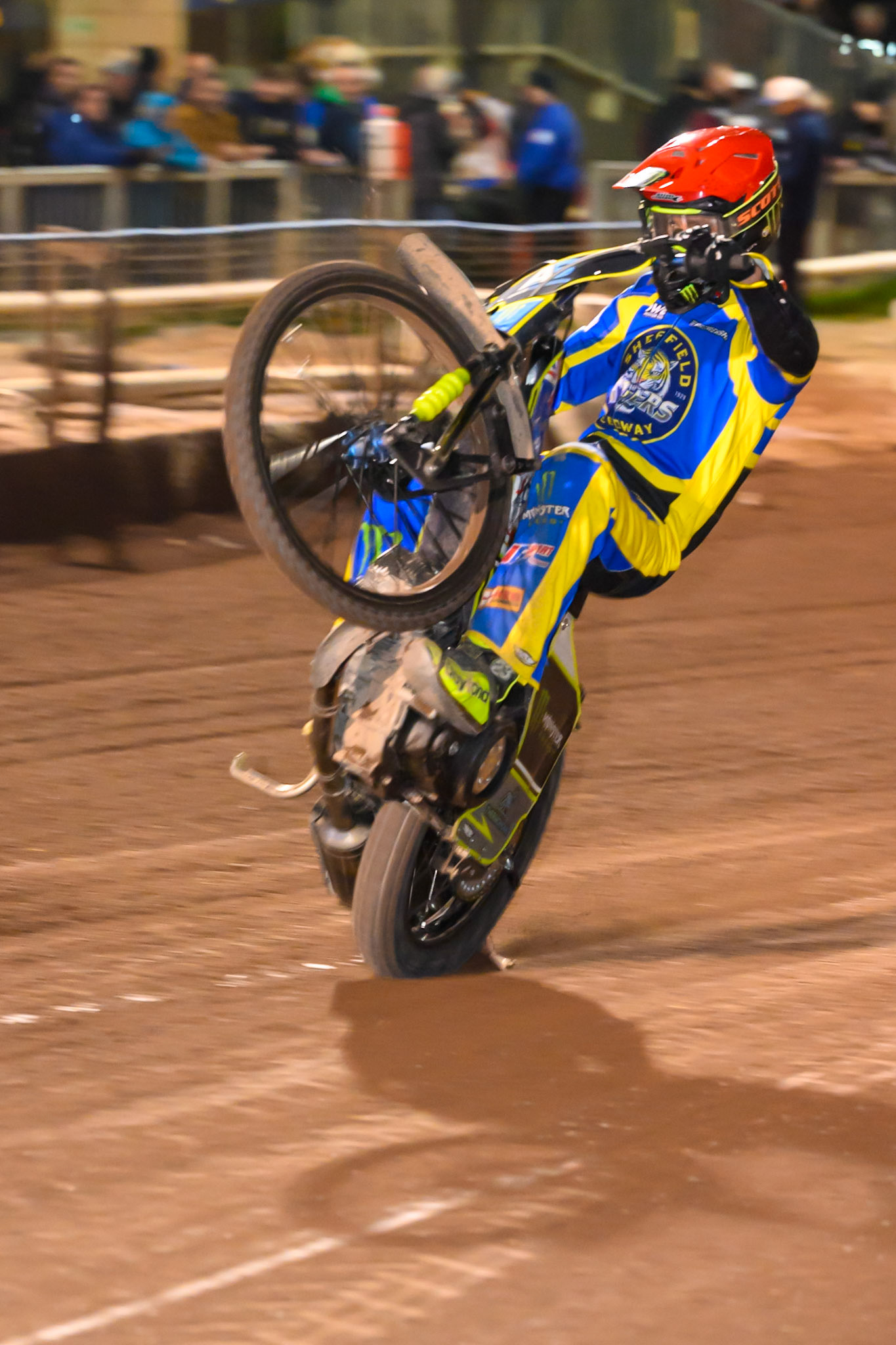 Chris Holder of Sheffield Tigers  does a wheelie during the Knockout Cup Northern Section match between Sheffield Tigers and Belle Vue Aces at Owlerton Stadium, Sheffield on Thursday 2nd April 2026. (Photo: Ian Charles | MI News)